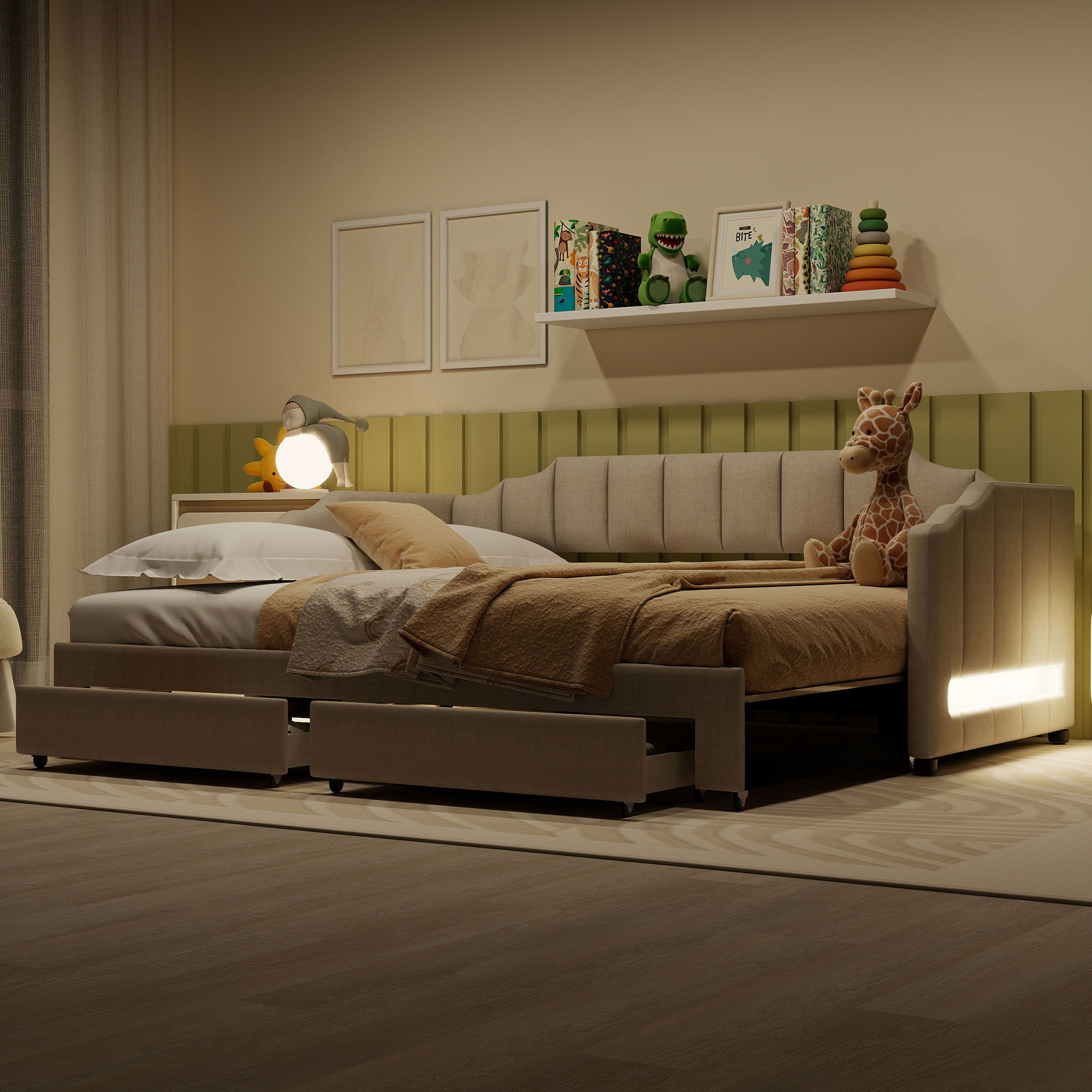Extendable Daybed With LED Light And 2 Storage Drawers