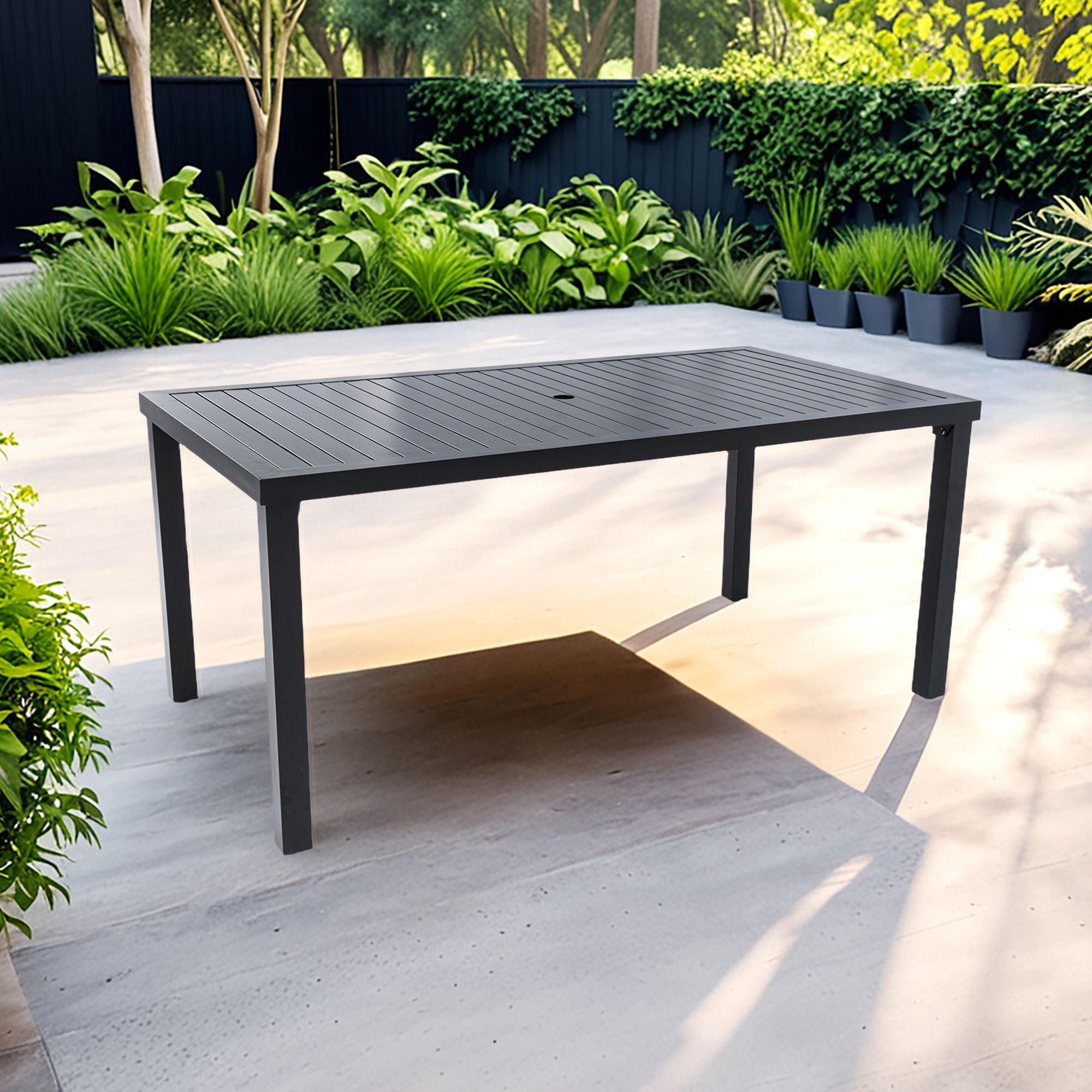 Modern Rectangular Outdoor Patio Dining Table With Post Leg Design, Rust Free & Weather Resistant, Adjustable Foot Pads, Umbrella Hole With Matching Cover - Ember Black