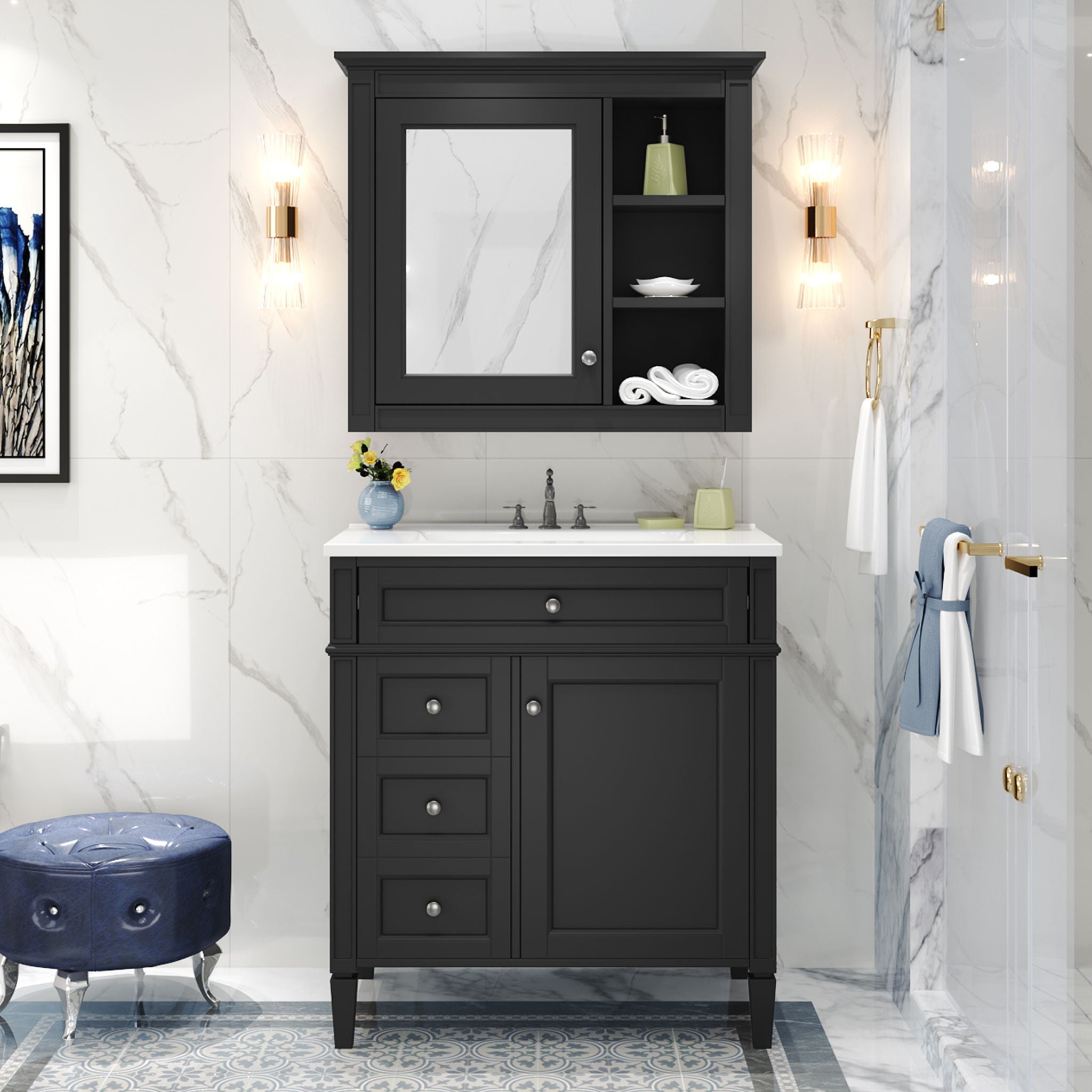 Bathroom Vanity With Medicine Cabinet, Royal Blue Mirror Cabinet, Modern Bathroom Storage Cabinet With 2 Soft Closing Doors And 4 Drawers