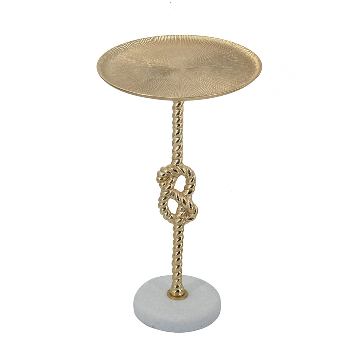 13.8x13.8x24 Gold Side Table with Rope Knot Design and White Marble Base