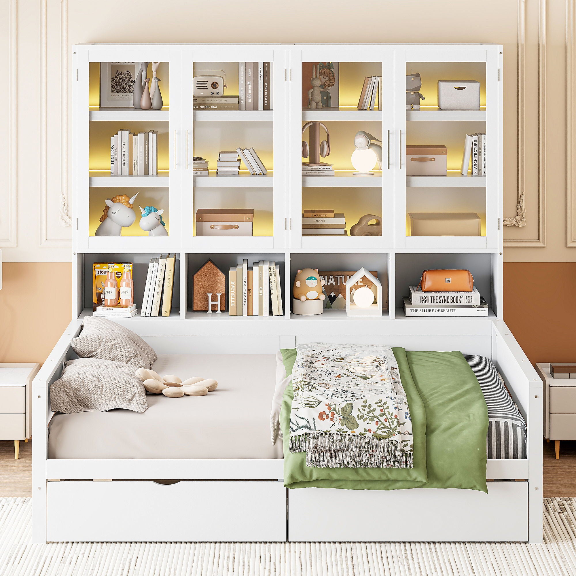 Daybed With Glass Door Storage Cabinets, Built In LED Lighting And Shelves