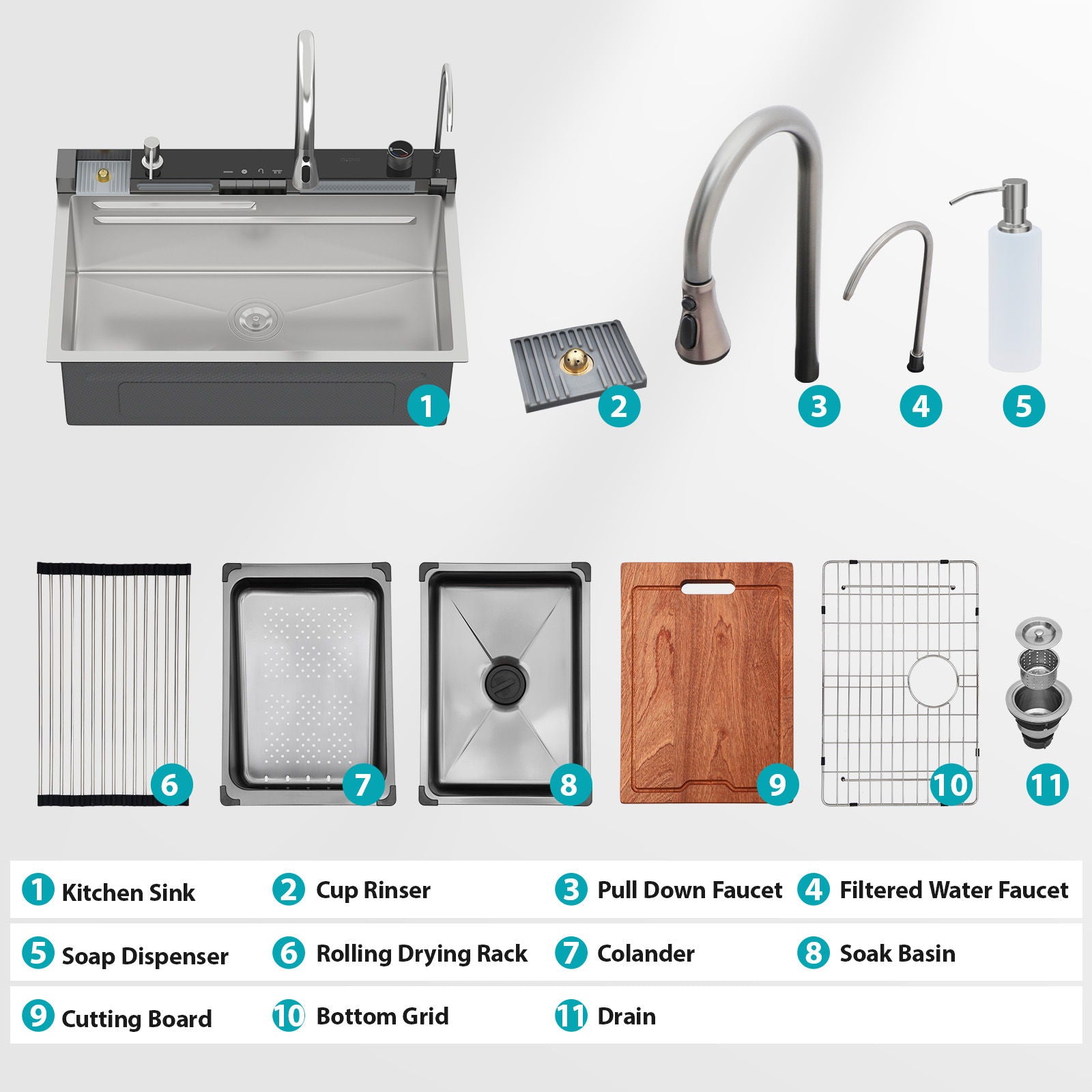 Kitchen Waterfall Sink Single Bowl With LED Faucet, Ledge Workstation, And Multi Function Pull Out Spray - Brushed Nickel