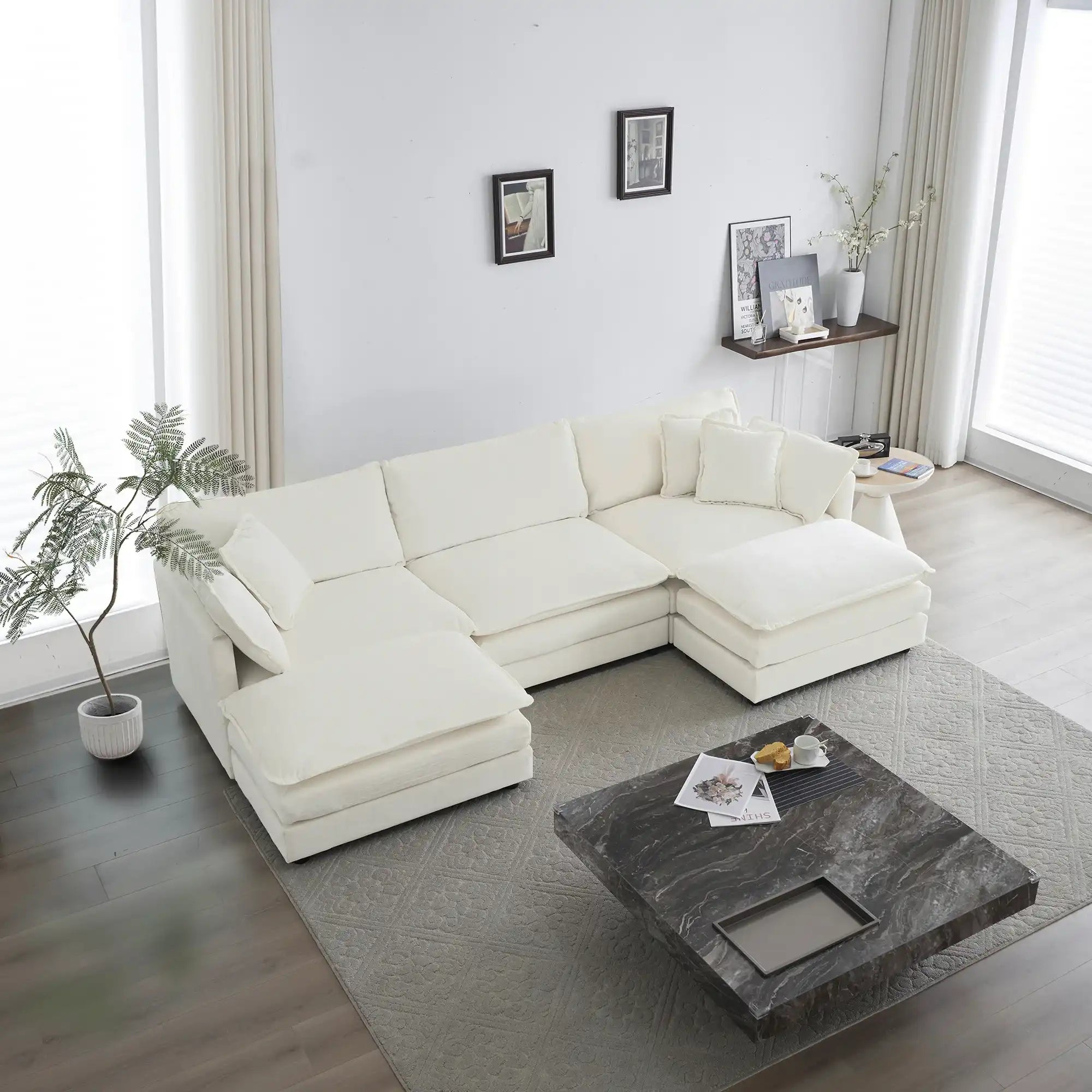 5-Seater U-Shaped Convertible Sofa with Reversible Footrest, Modern White