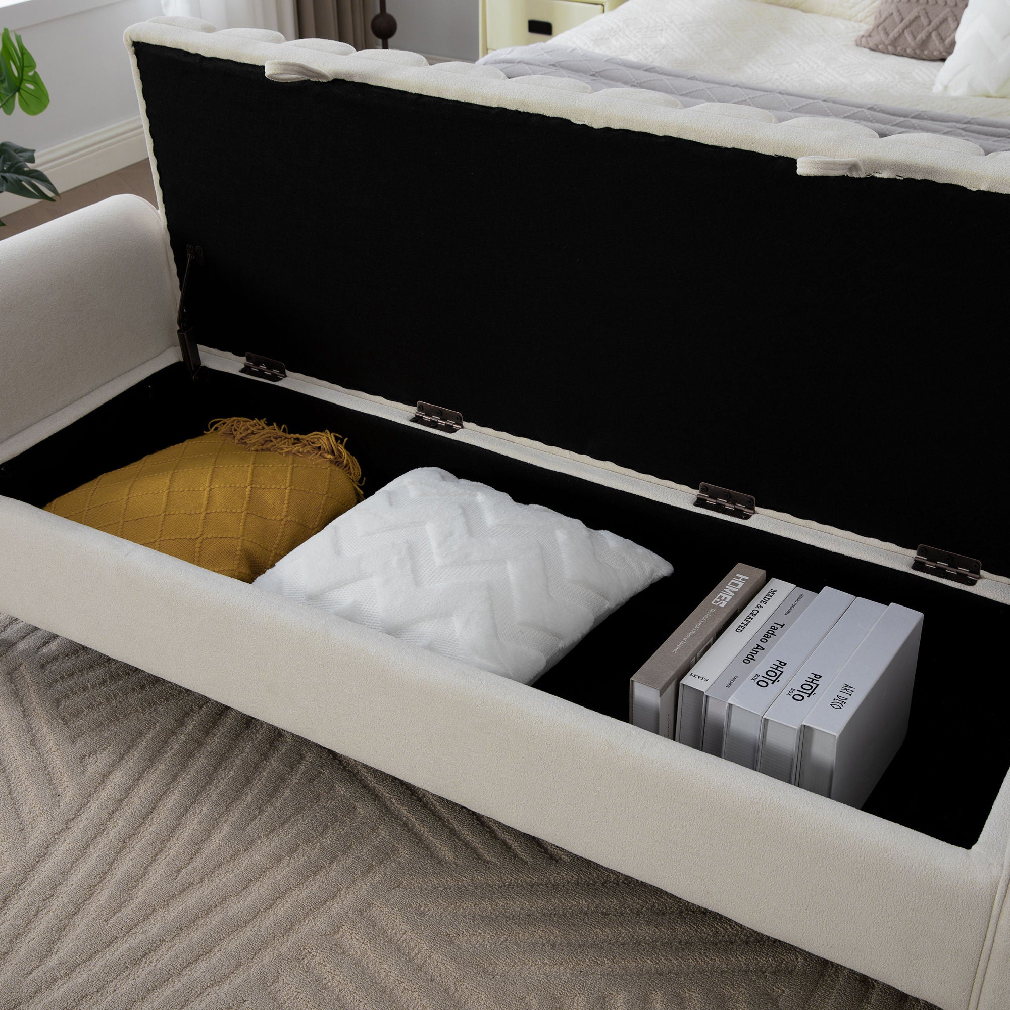Wide Modern Upholstered Storage Bench With Rolled Armrest