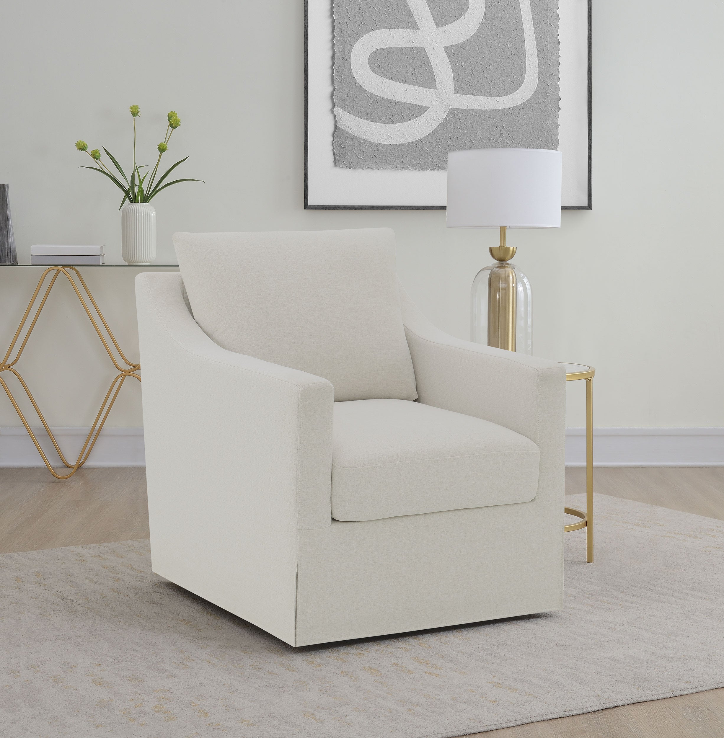 Winter Upholstered Sloped Arm Accent Swivel Chair Beige-