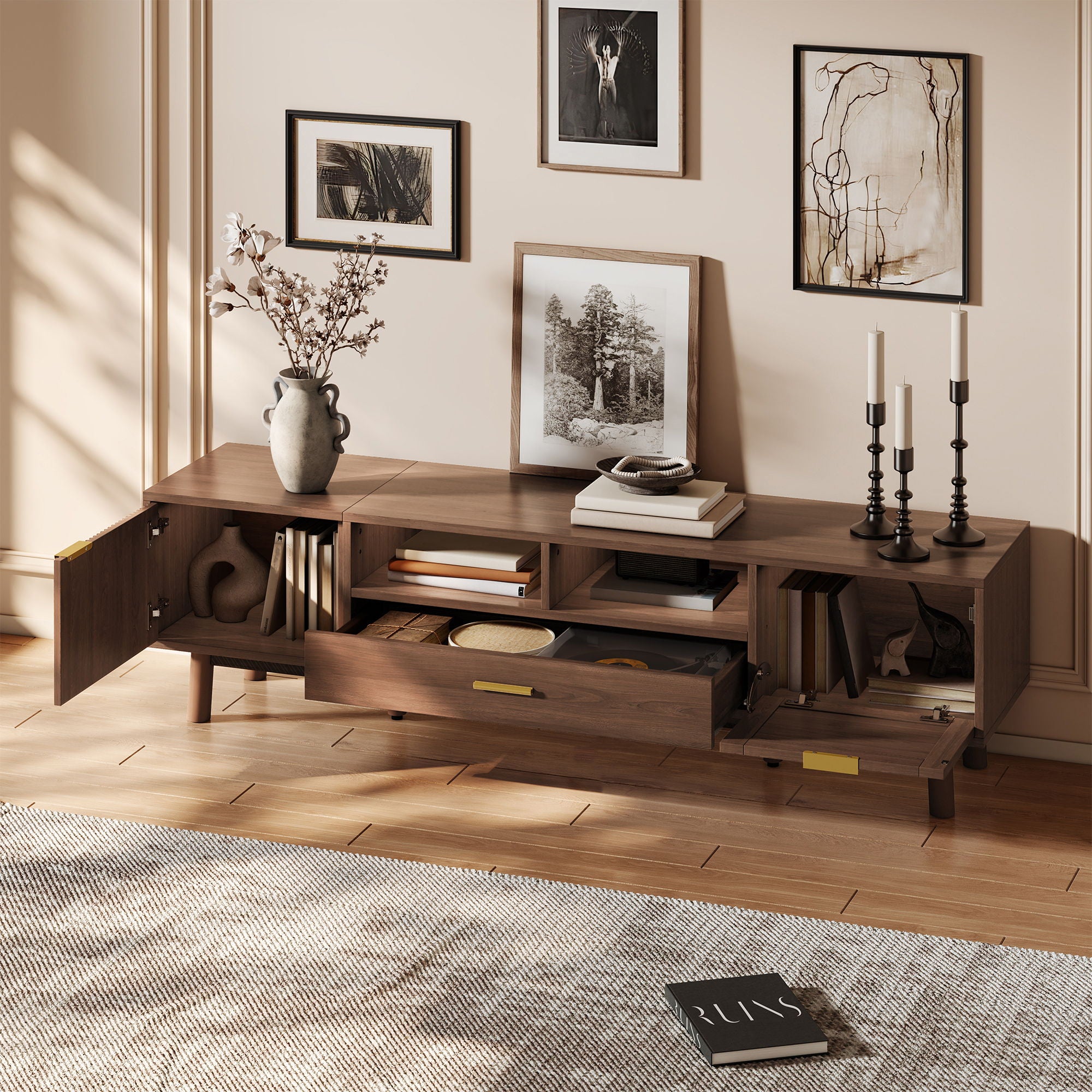 TV Stand For 75" TVs With Soft Closing Doors, Console With Accents And Drop Down Cabinet - Dark Brown