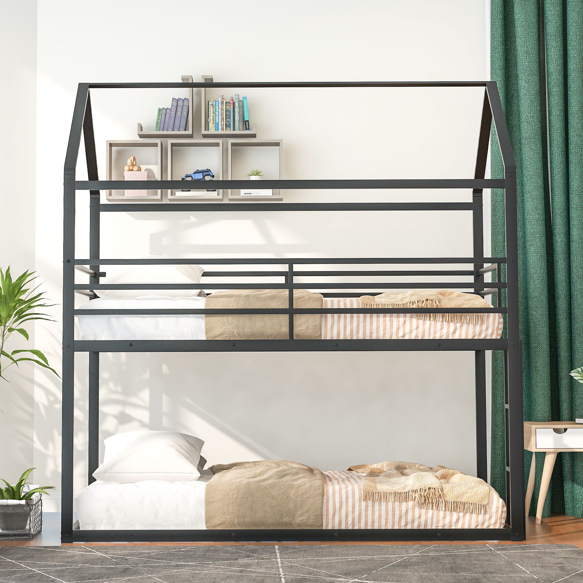 House Bunk Bed Metal Bed Frame Built-In Ladder, No Box Spring Needed