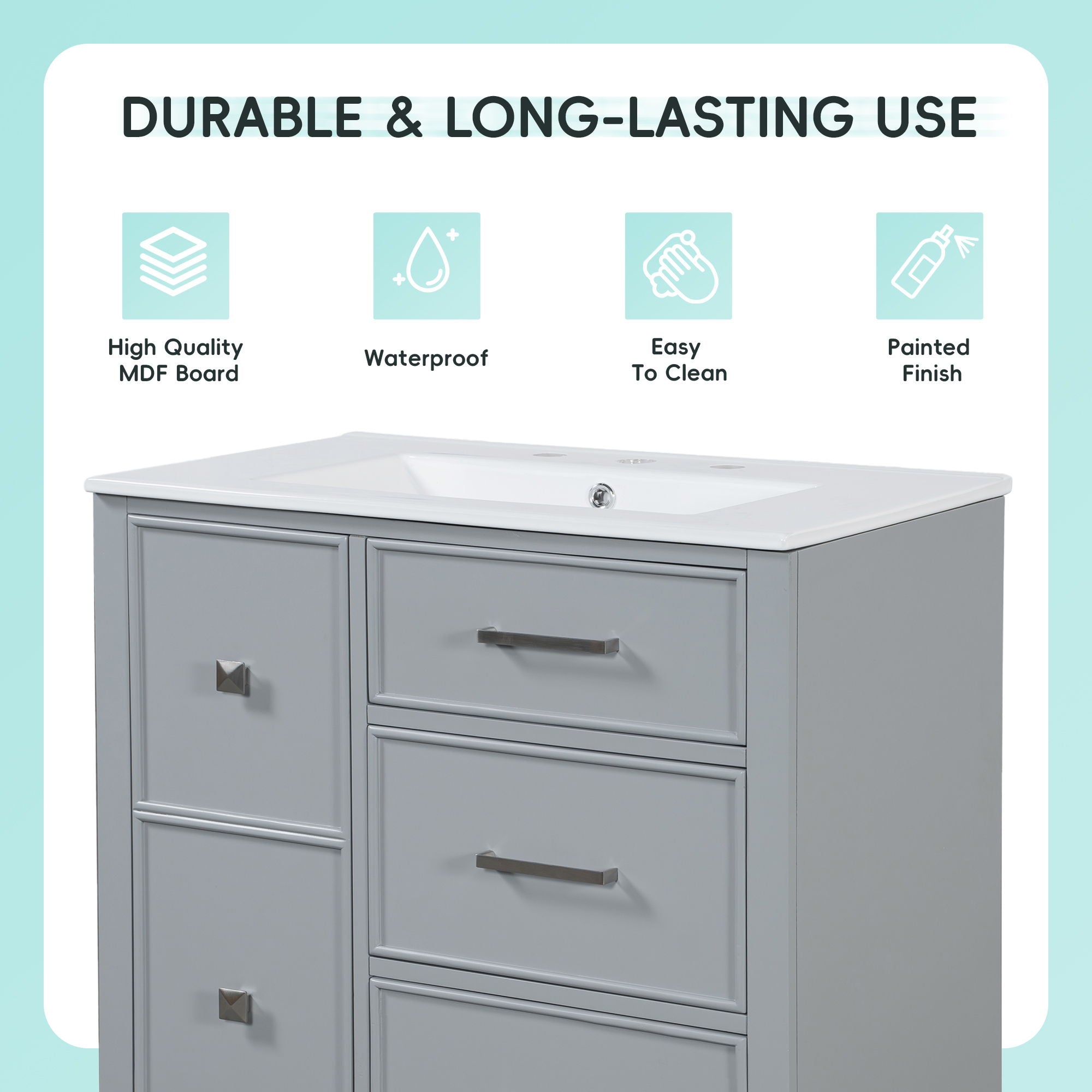 Bathroom Vanity With Ceramic Sink, Flip Out Drawer Design For Plumbing, Soft Close Drawers