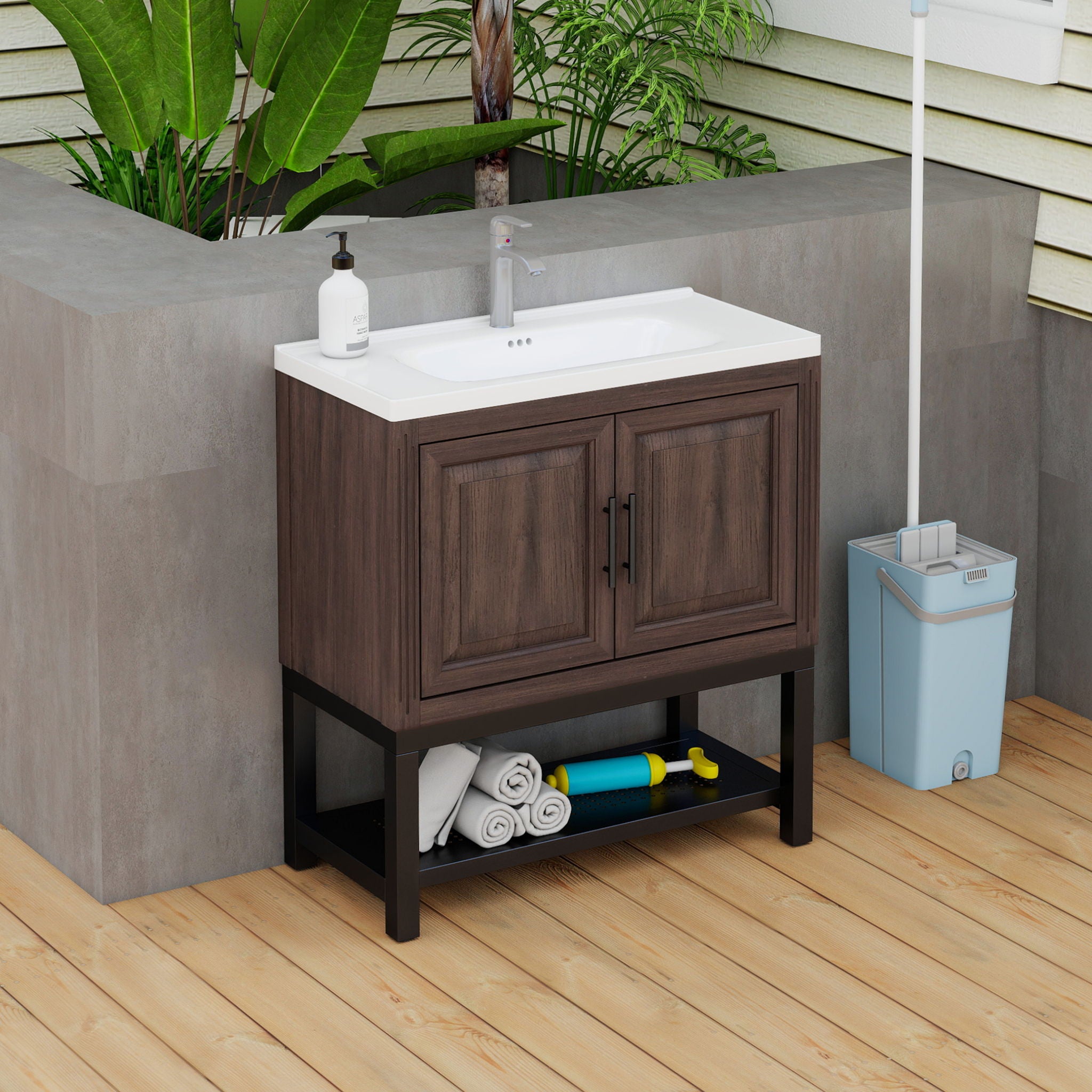 Modern Freestanding Bathroom Vanity With Ceramic Sink, Hot And Cold Faucet, Storage Cabinet & Open Shelf