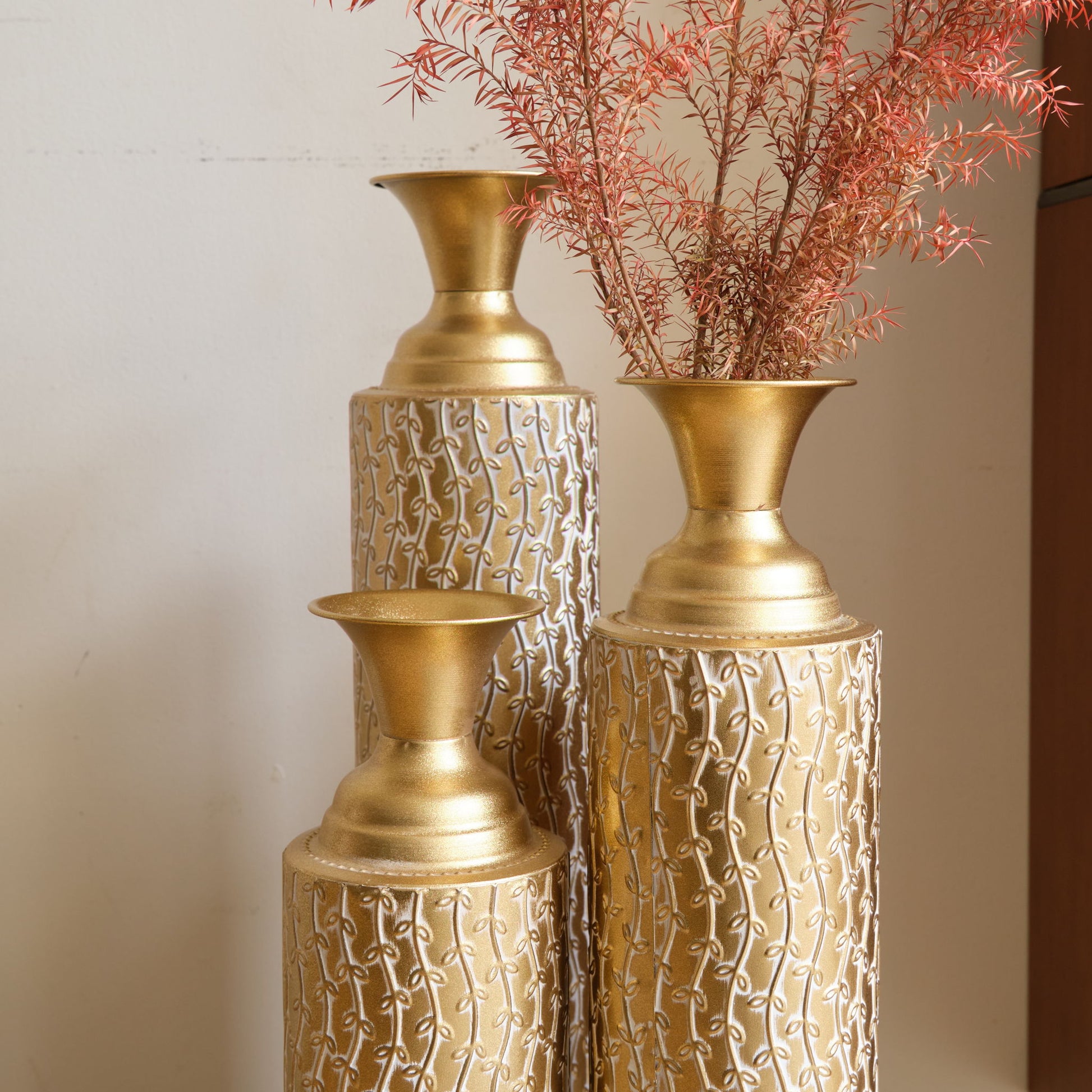 Metal Decorative Vases High Distress Metal Center Vases With Growing Vine Patterns, (Set of 3) Vases For Home Decoration - Gold - Best Buy Furniture