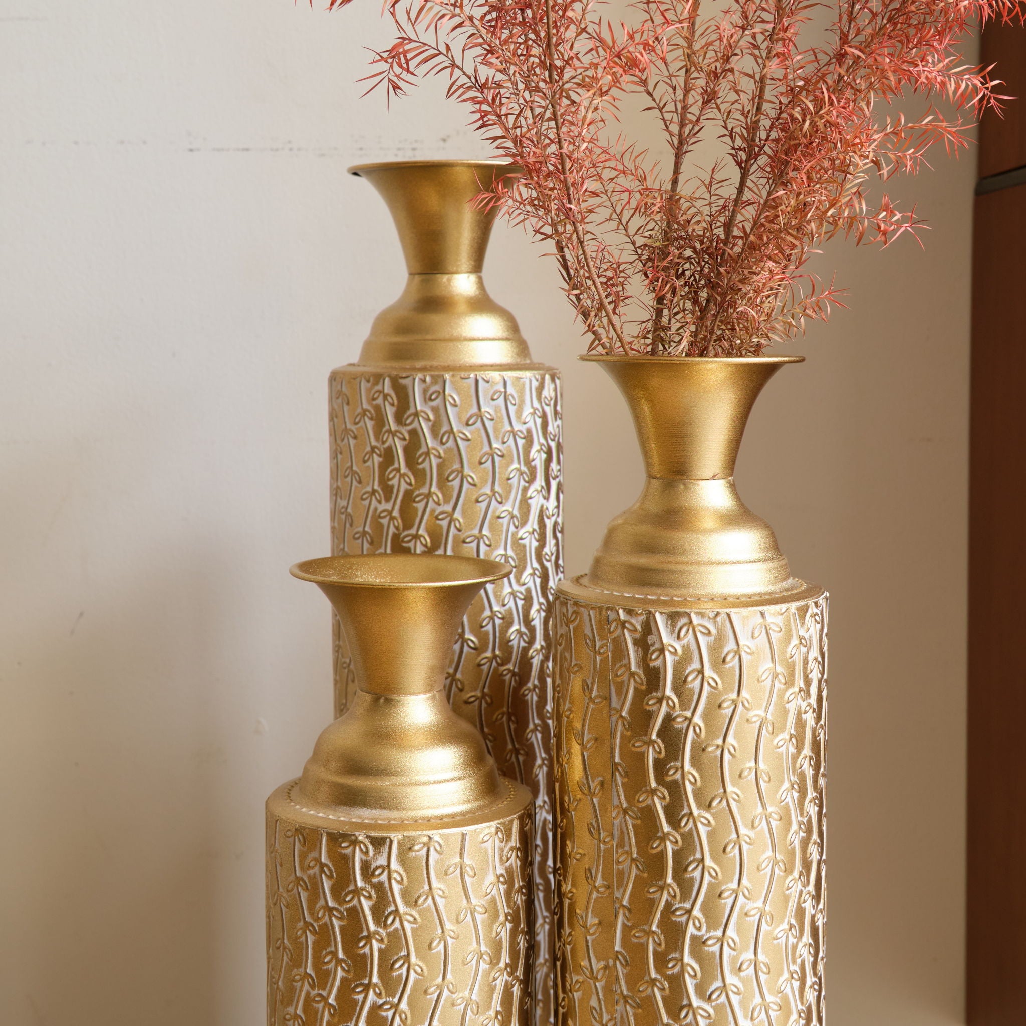 Metal Decorative Vases High Distress Metal Center Vases With Growing Vine Patterns, (Set of 3) Vases For Home Decoration - Gold - Best Buy Furniture