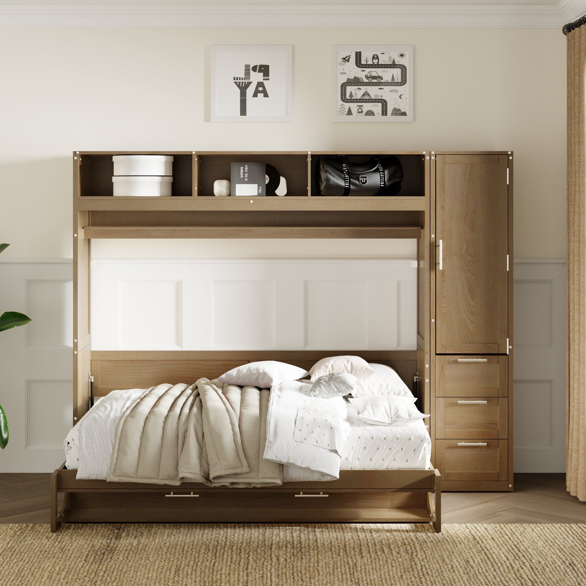 Full Size Murphy Bed With Wardrobe, Drawers, And Open Shelves - Wood