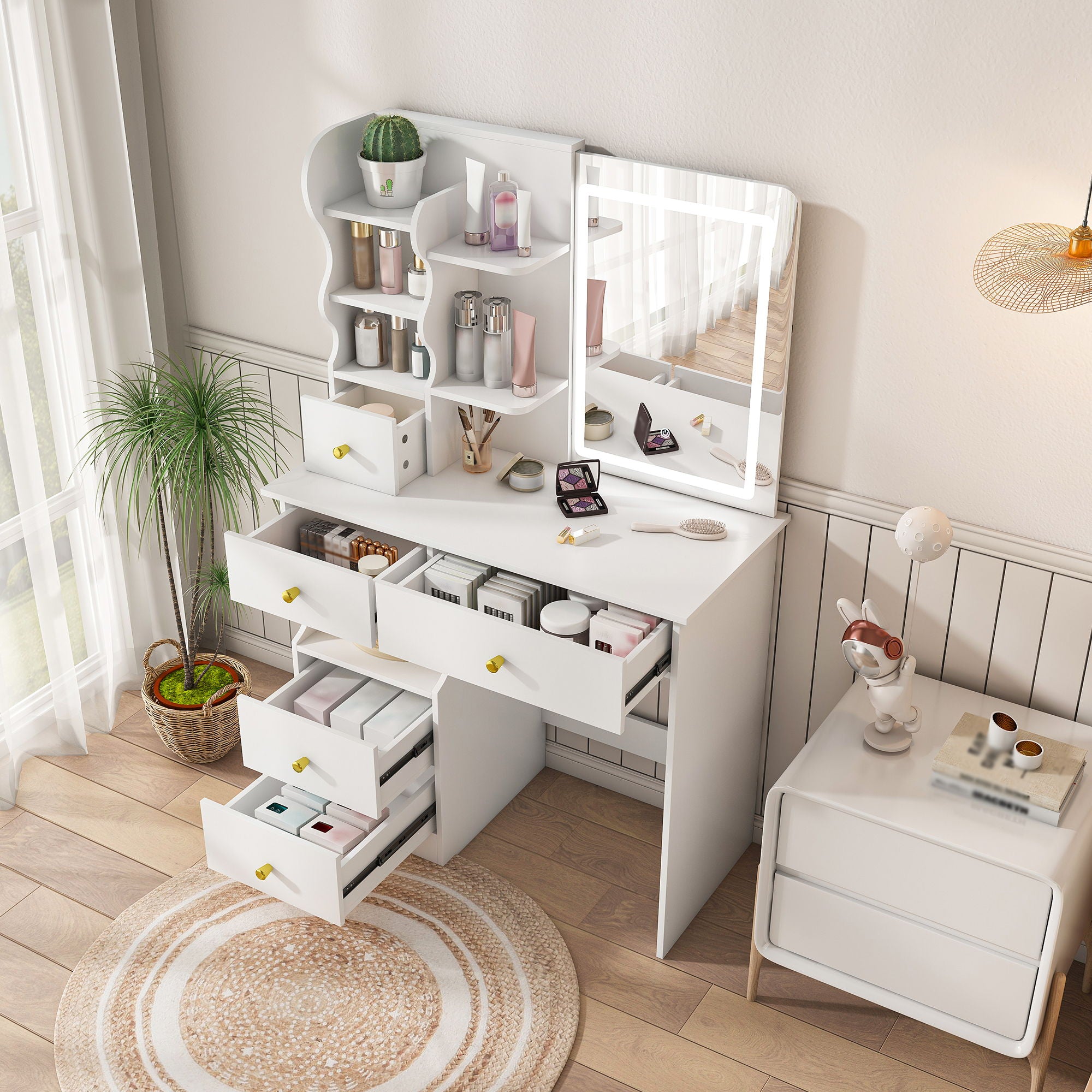 Dressing Table With Movable Mirror And LED Light, 5 Drawer Storage Organizer - White