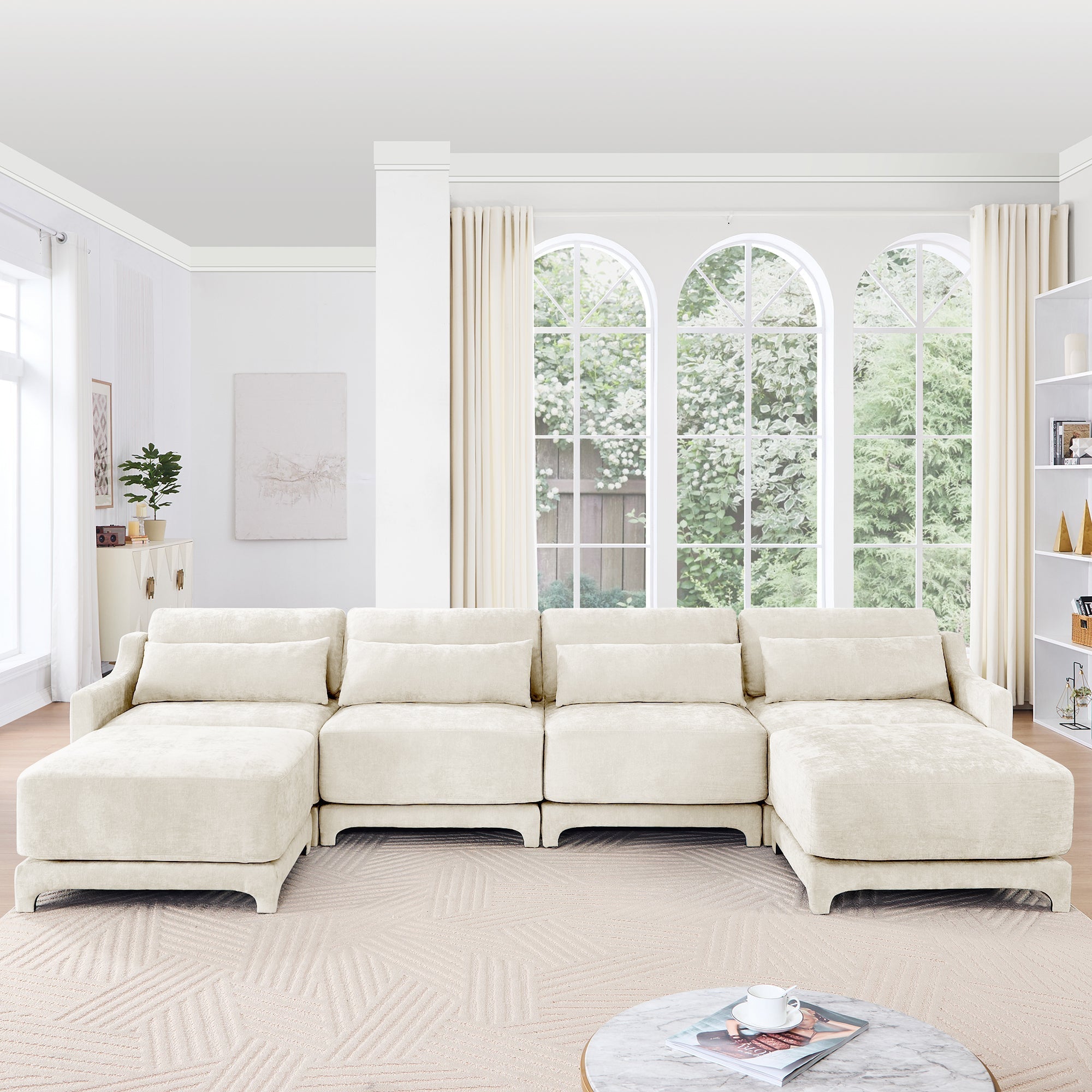 Elegant Four-Seater Sofa with Movable Ottoman and Lumbar Pillow