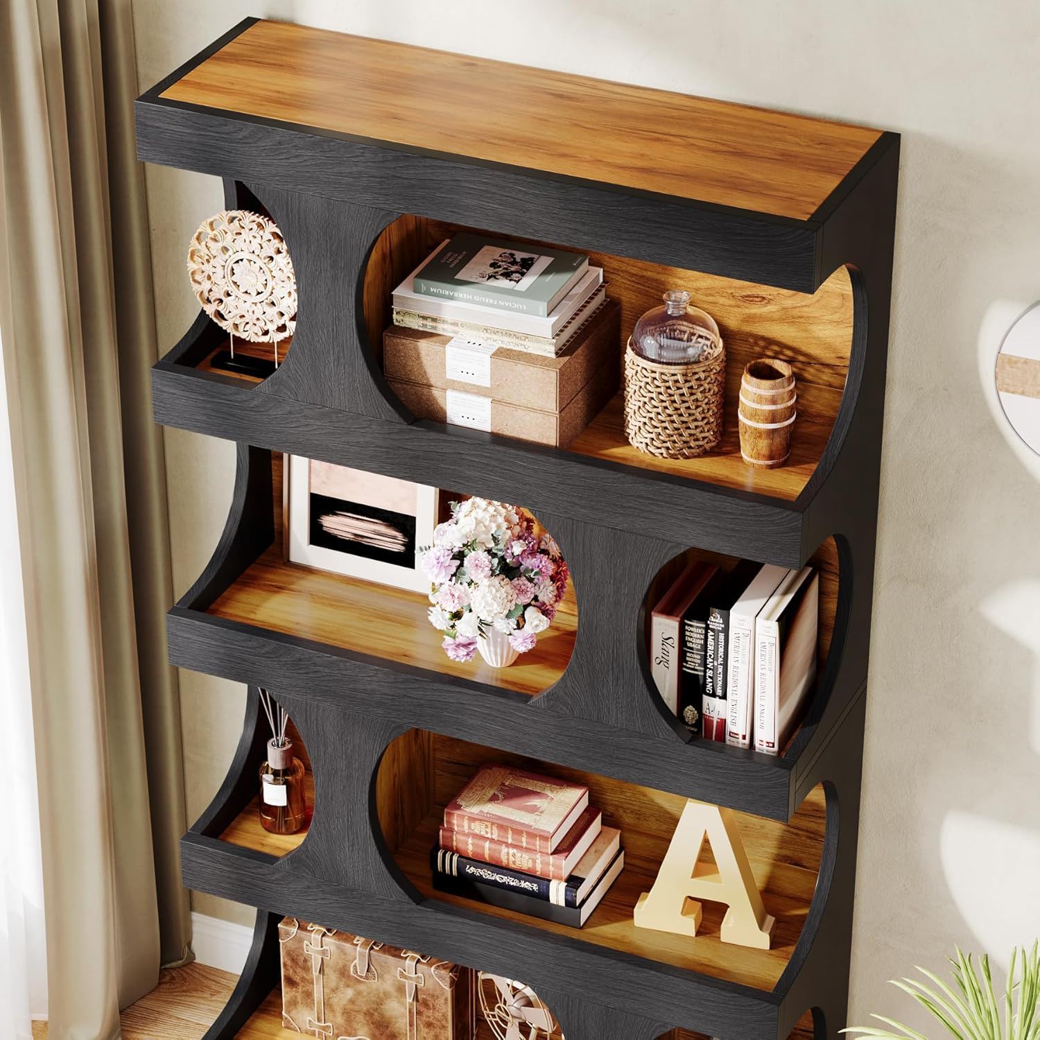 4 Tier S-Shaped Freestanding Storage Shelf For Living Room - Black / Brown