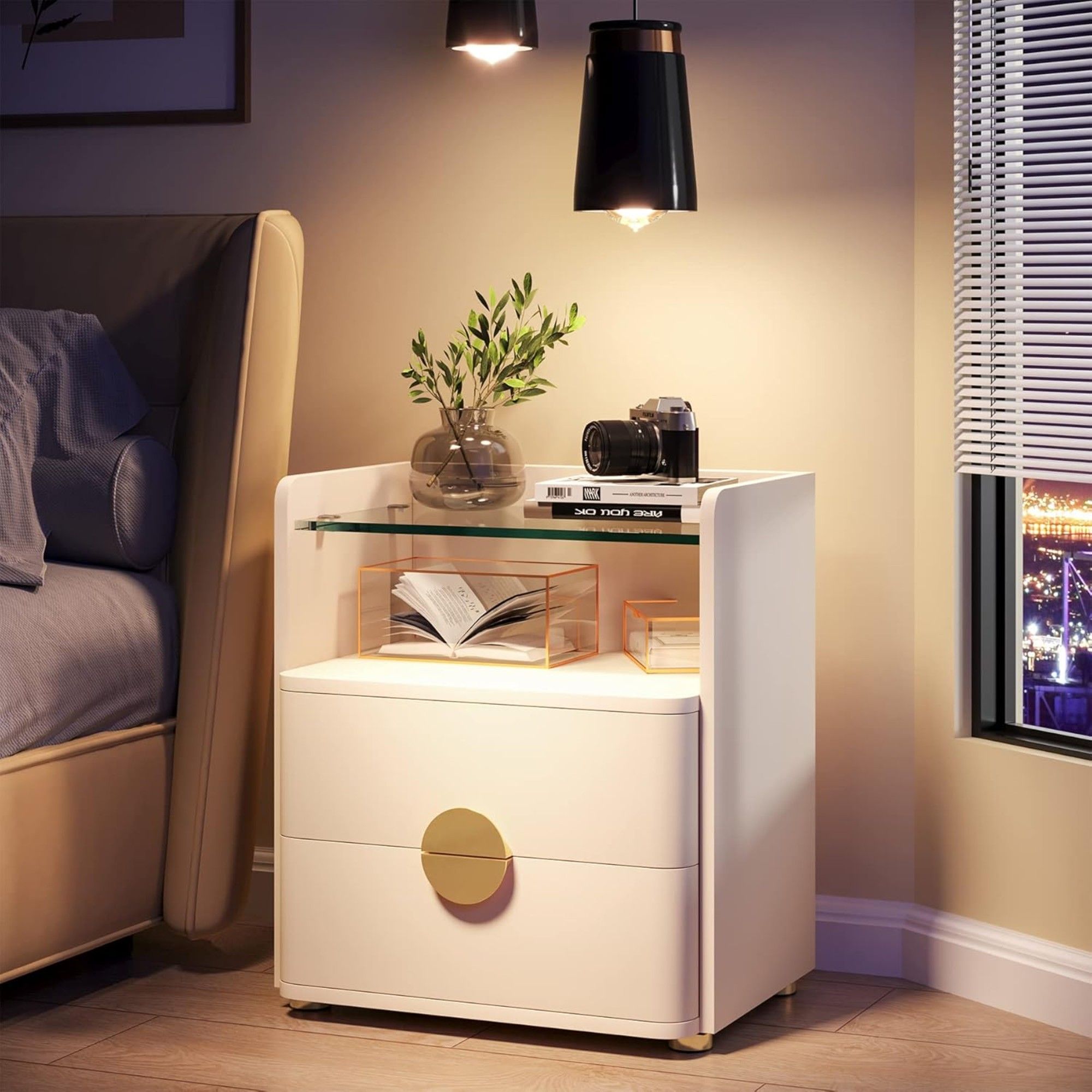 2 Drawer Nightstand With Open Shelf, Bedside Table - Beige