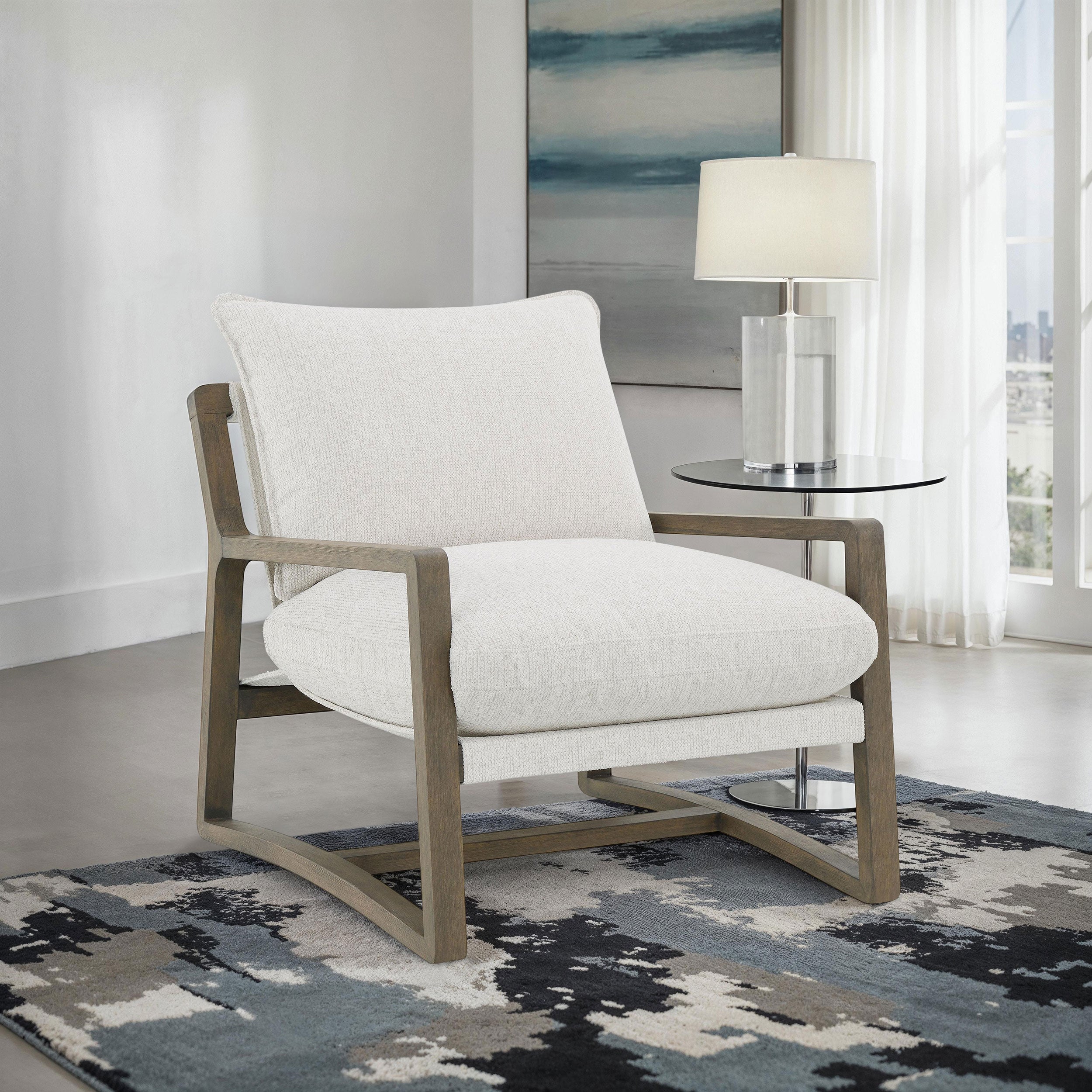 Geneva Boucle Upholstered Wood Arm Accent Chair Sand-
