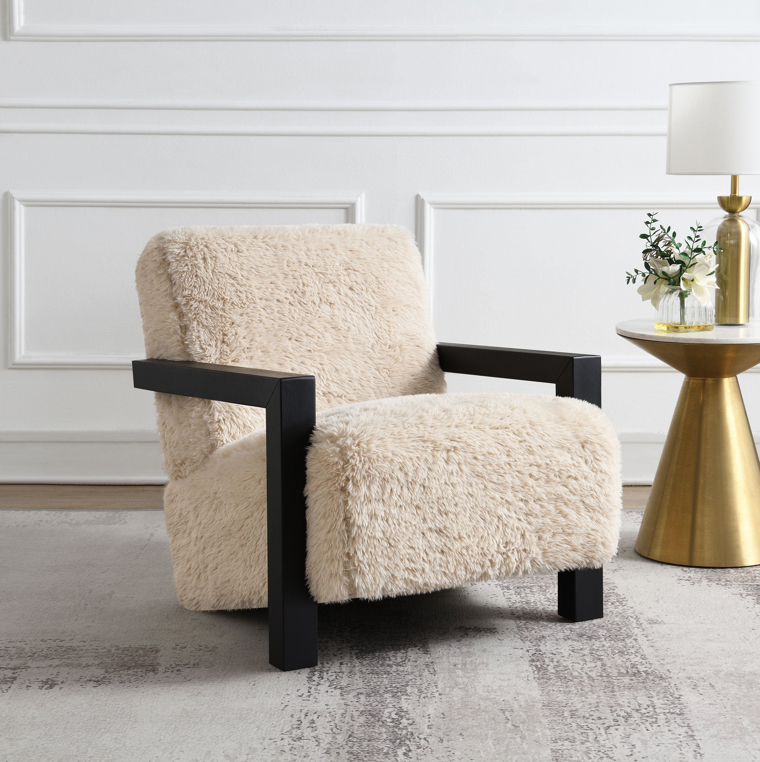 Fitzroy Faux Fur Upholstered Chair Solid Wood Arms Latte-
