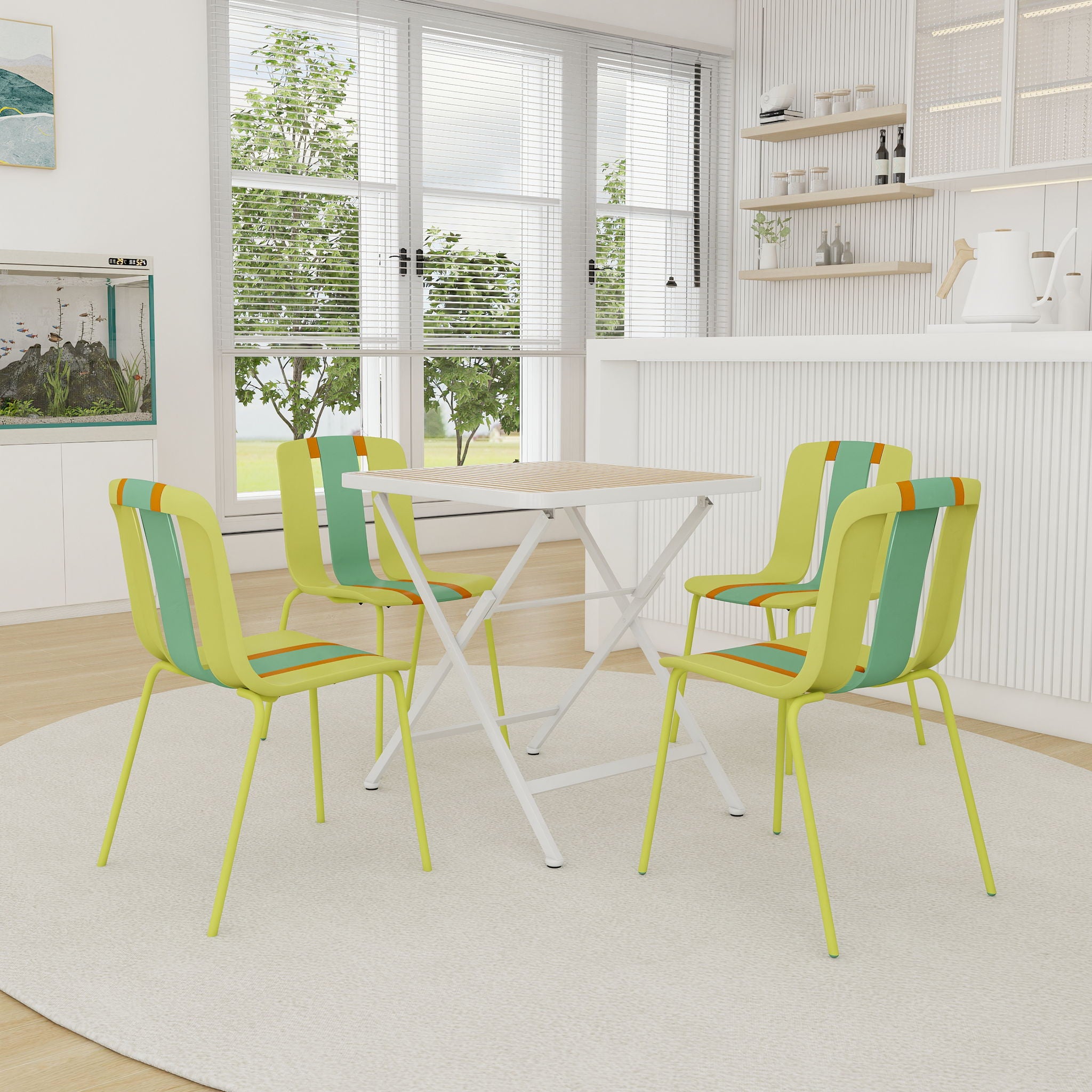 4 Piece Set Of Modern Striped Single Chairs With Folding Square Table
