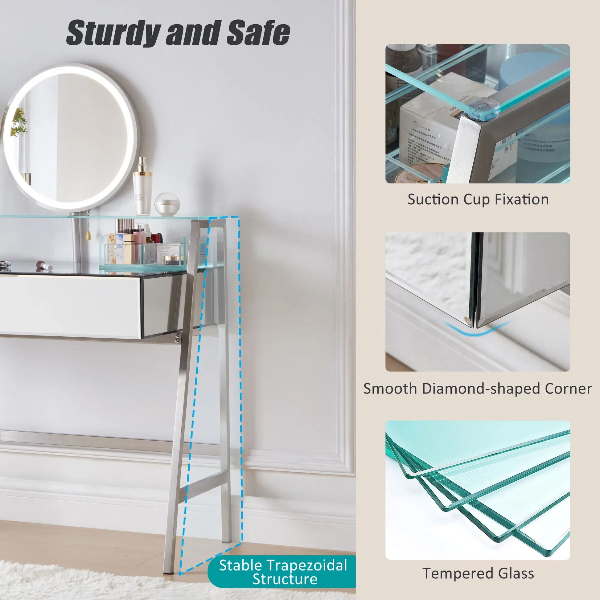 33.9" Mirrored Makeup Vanity Desk With Mirror And Lights, Mirrored Console Vanity Table With 2 Big Drawers & Open Shelf, Dressing Table With Charging Station For Bedroom - Silver - Best Buy Furniture