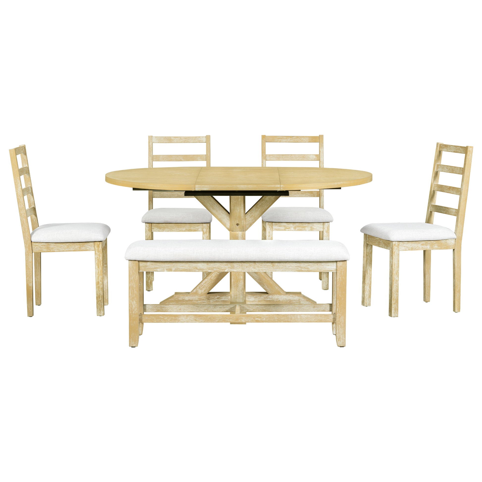 Topmax - 6 Piece Farmhouse Extendable Pedestal Dining Table Set With 18Inch Removable Leaf, Bench And 4 Ladder Back Dining Chairs - Best Buy Furniture
