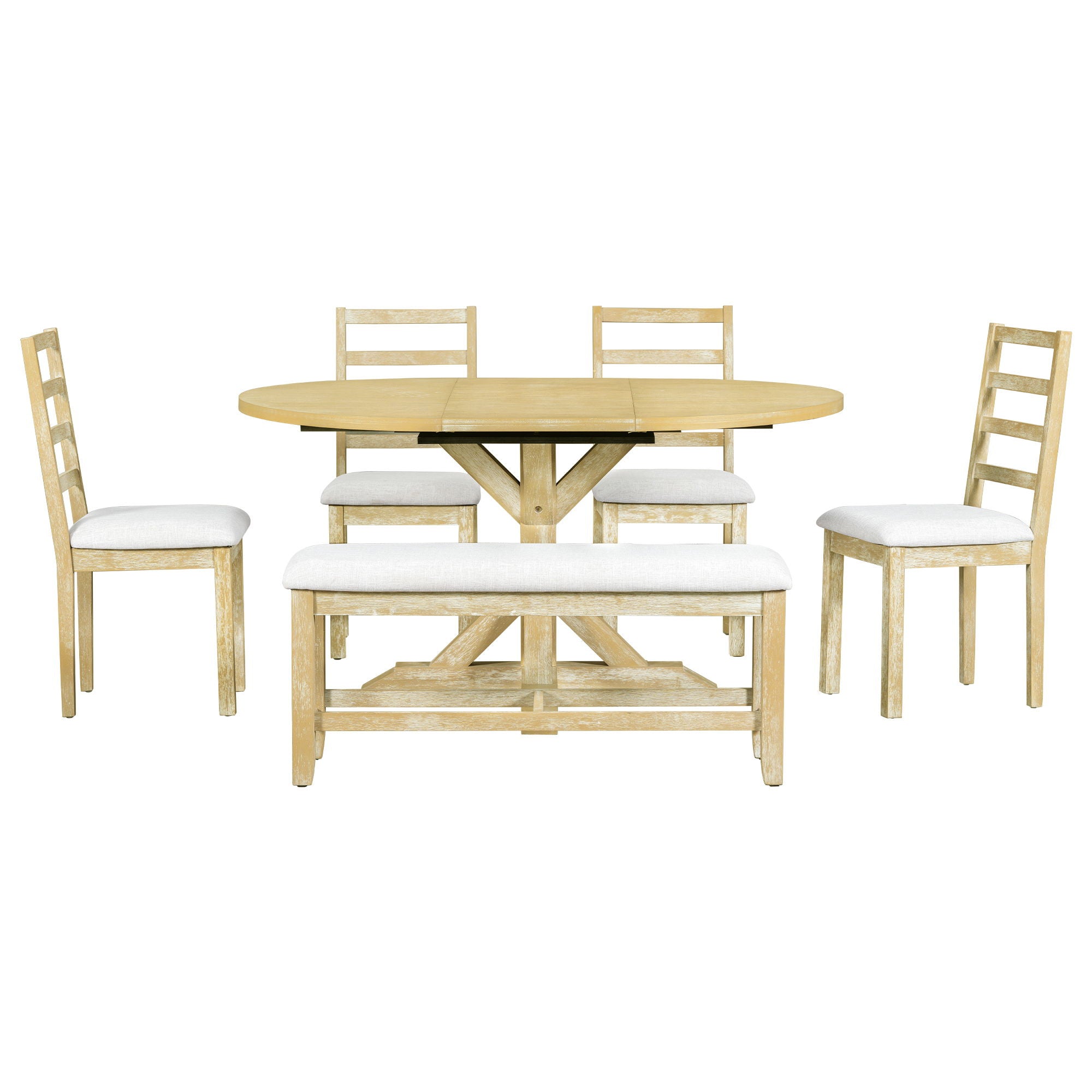 Topmax - 6 Piece Farmhouse Extendable Pedestal Dining Table Set With 18Inch Removable Leaf, Bench And 4 Ladder Back Dining Chairs - Best Buy Furniture
