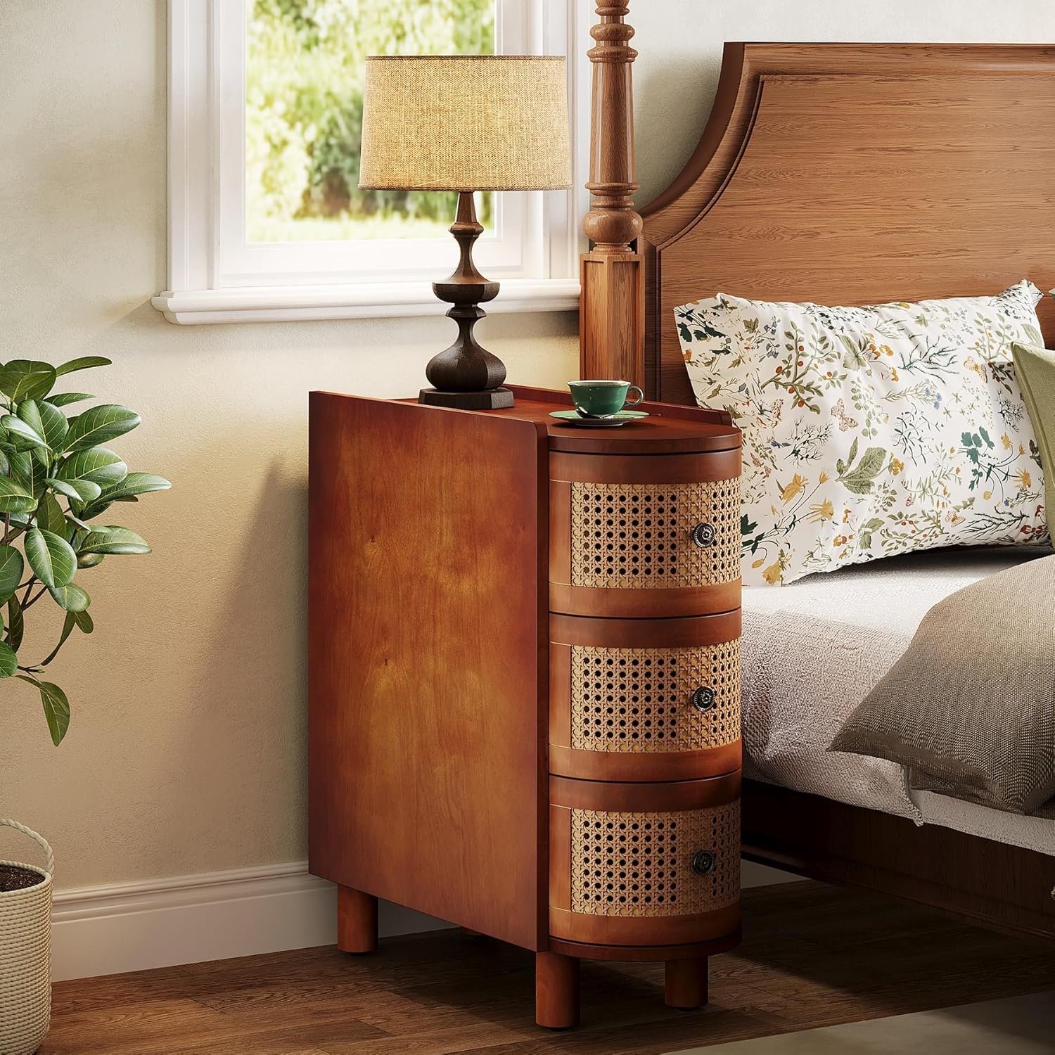 Narrow 3 Drawer End Table, Compact Nightstand For Living Room - Brown Oak