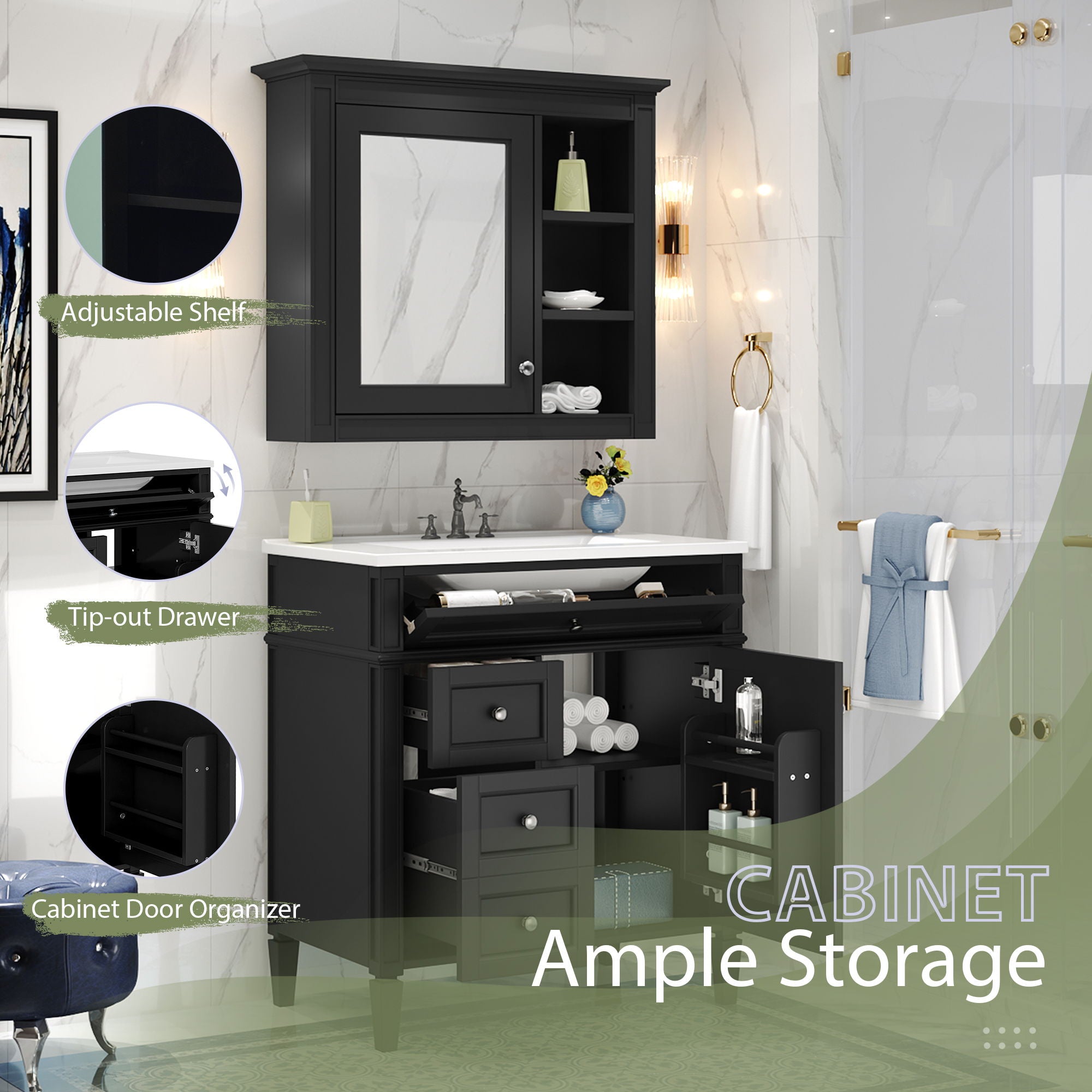 Bathroom Vanity With Medicine Cabinet, Royal Blue Mirror Cabinet, Modern Bathroom Storage Cabinet With 2 Soft Closing Doors And 4 Drawers