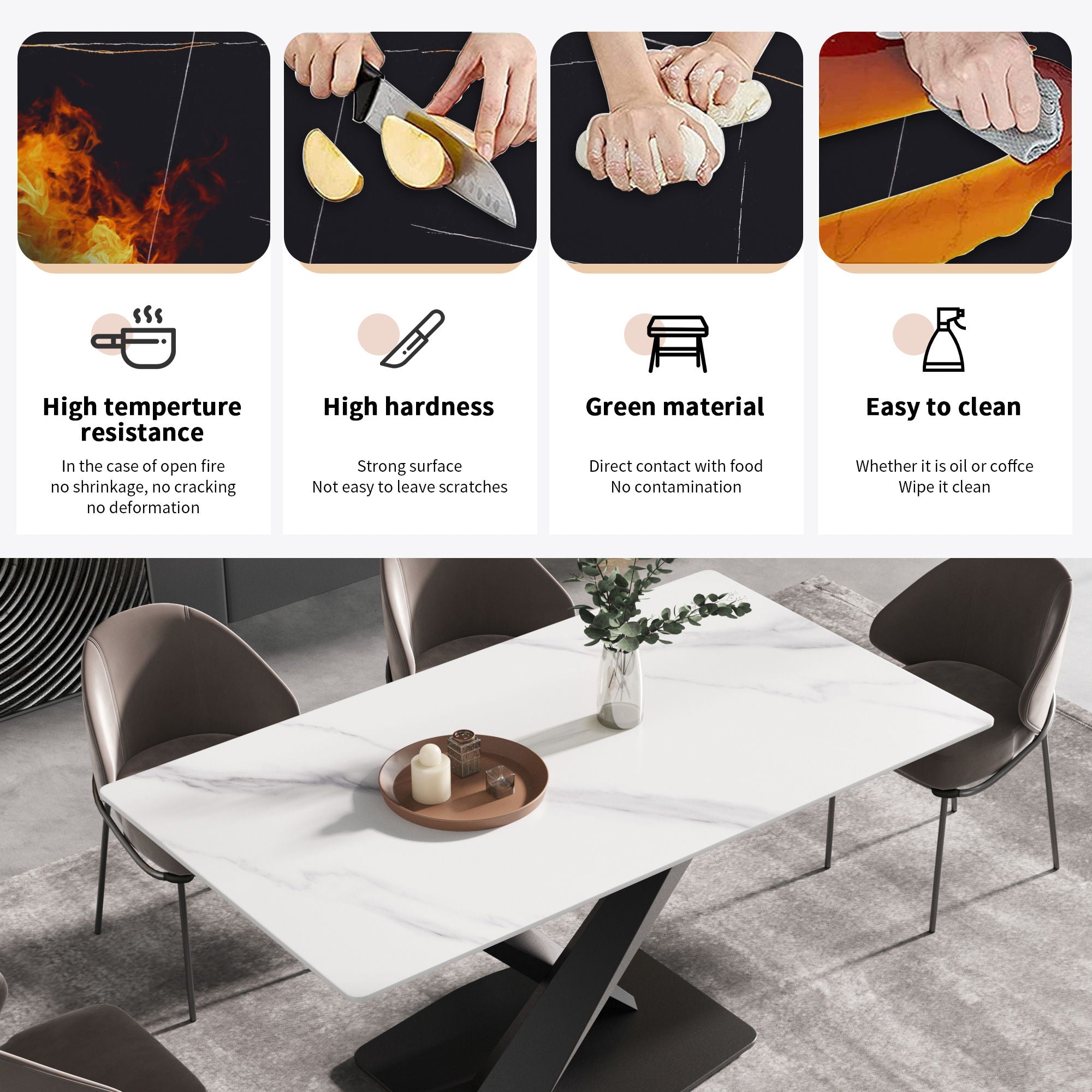 Modern Artificial Stone Straight Edge Metal X Leg Dining Table, 6 People