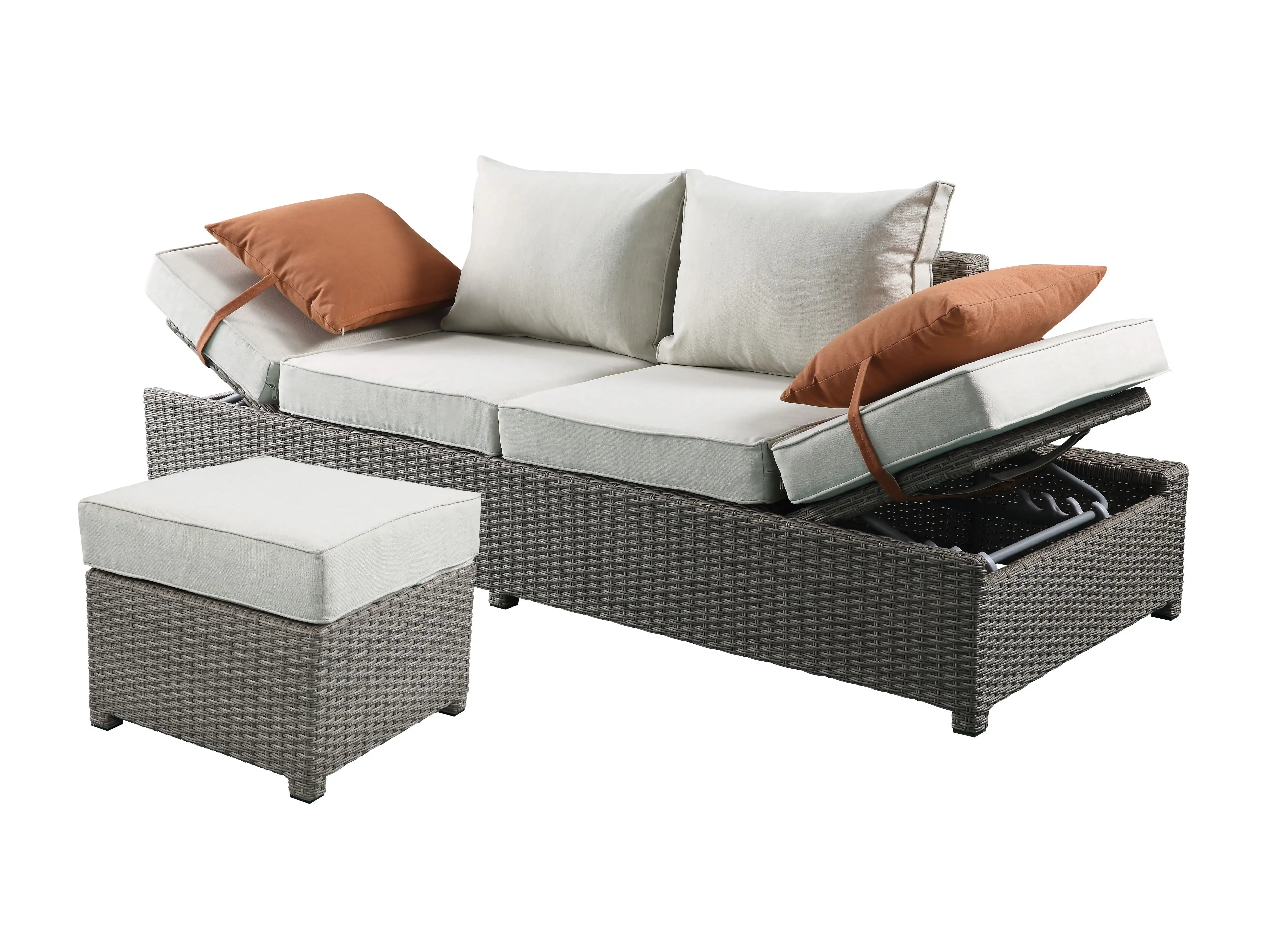 Salena - All Weather Wicker Patio Sofa & Ottoman With 2 Toss Pillows - Beige / Gray - Best Buy Furniture