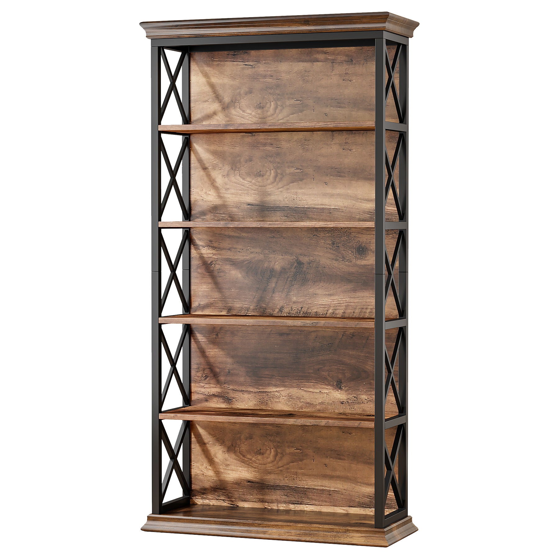 6 Tier Industrial Brown & Bookshelf With X Pattern Design - Rustic Brown