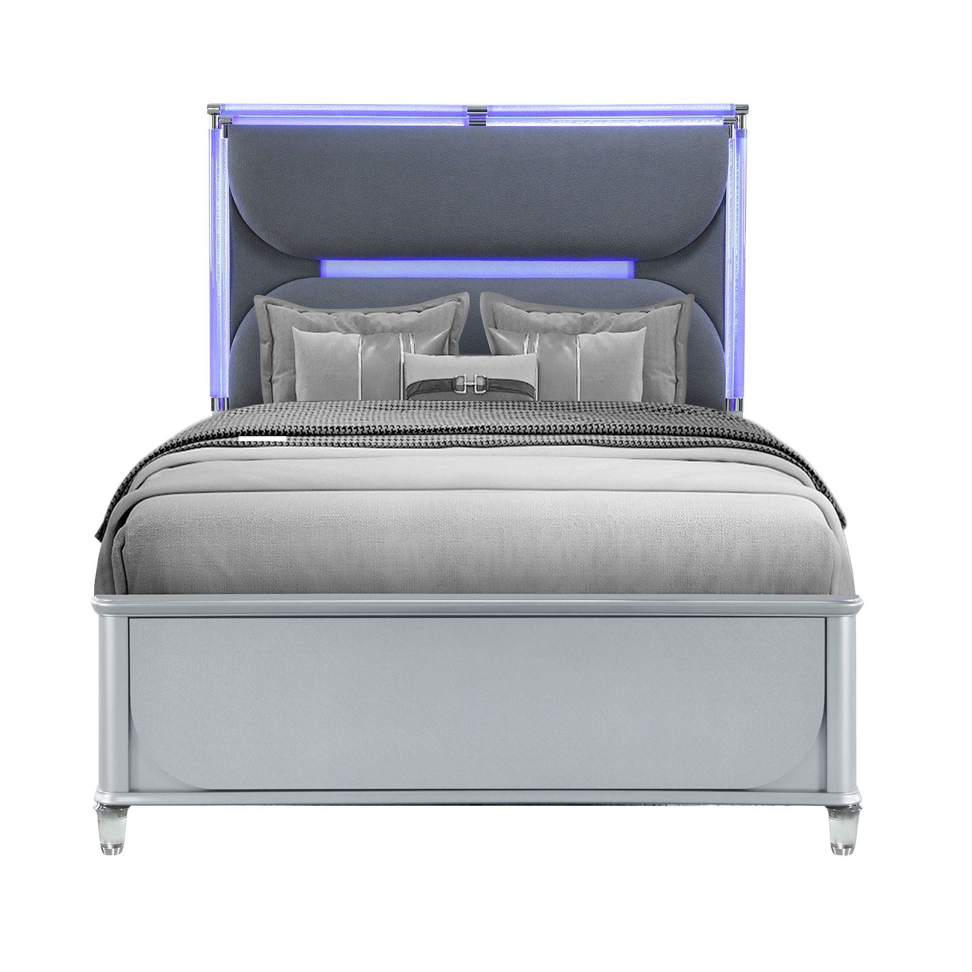 Laura - Queen Bed With Upholstered Headboard And LED Lights - Silver