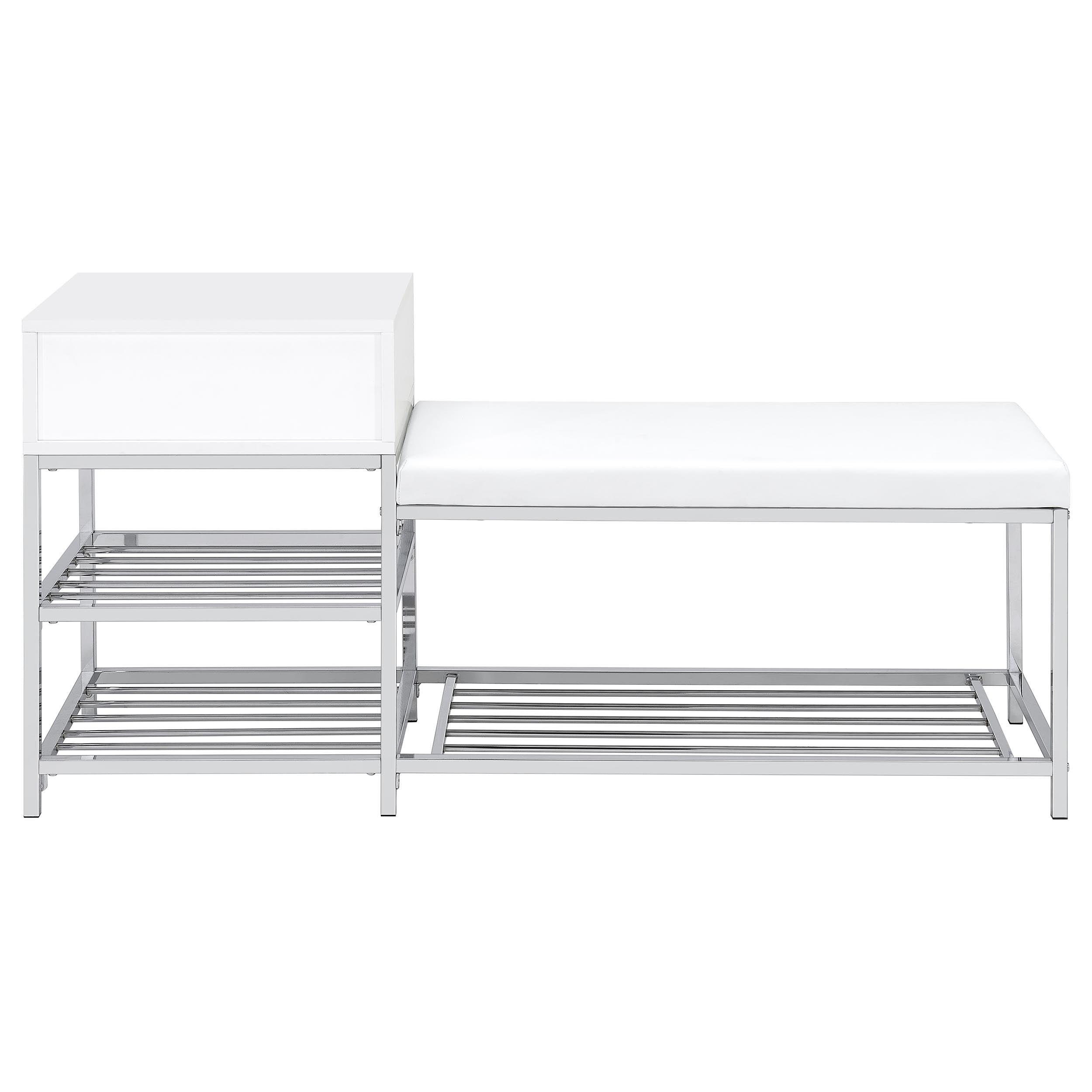 Siega 1-Drawer Shoe Storage Entryway Bench White High Gloss and Chrome-