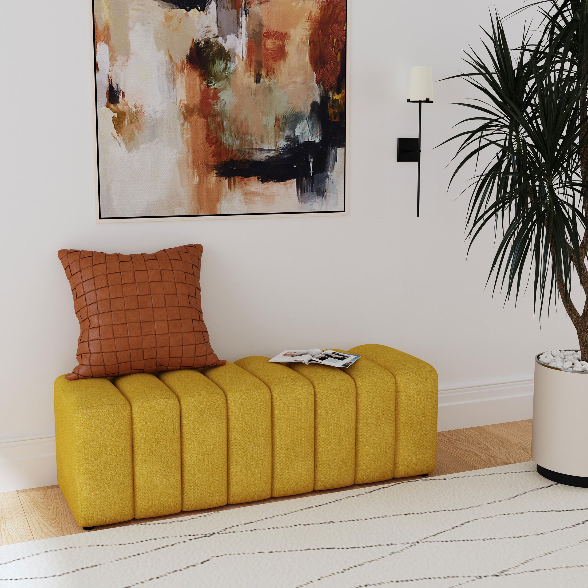 Summer Fabric Upholstered Tufted Accent Bench Mustard Yellow-
