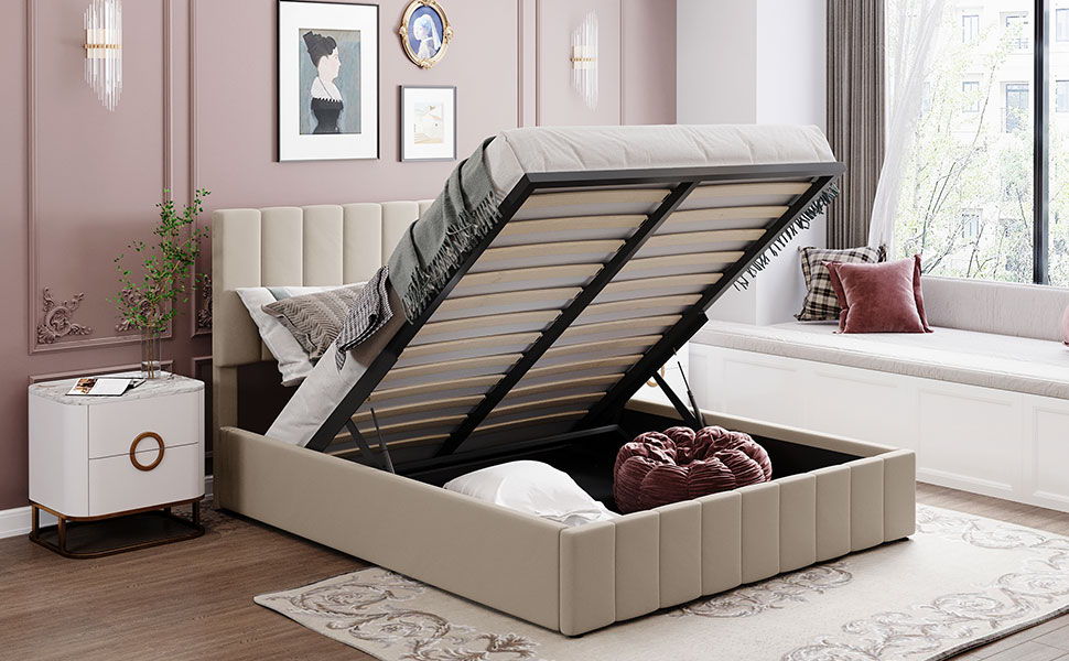 Elegant Upholstered Platform Bed With Hydraulic Storage System