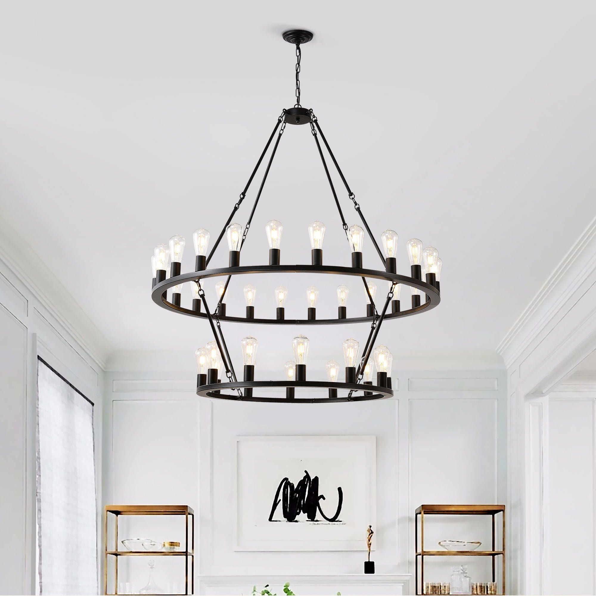 Extra Large Wagon Wheel Chandelier, 2 Tier 36 Lights (No Include) Farmhouse Industrial Round High Ceiling Pendant Light Adjustable Chain, For Dining Room, Living Room, Kitchen - Black