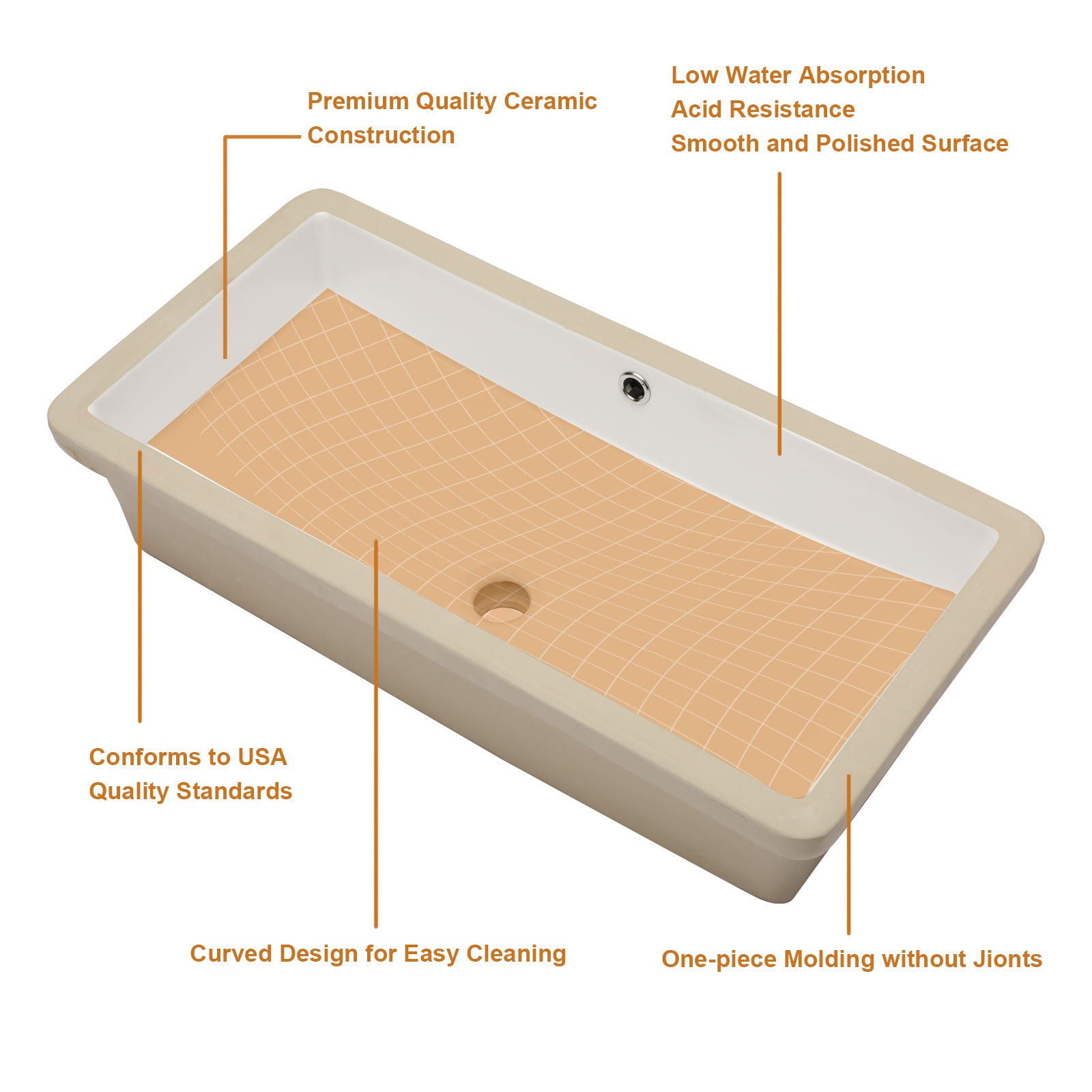 Modern Rectangular Undermount Bathroom Sink With Overflow Ceramic