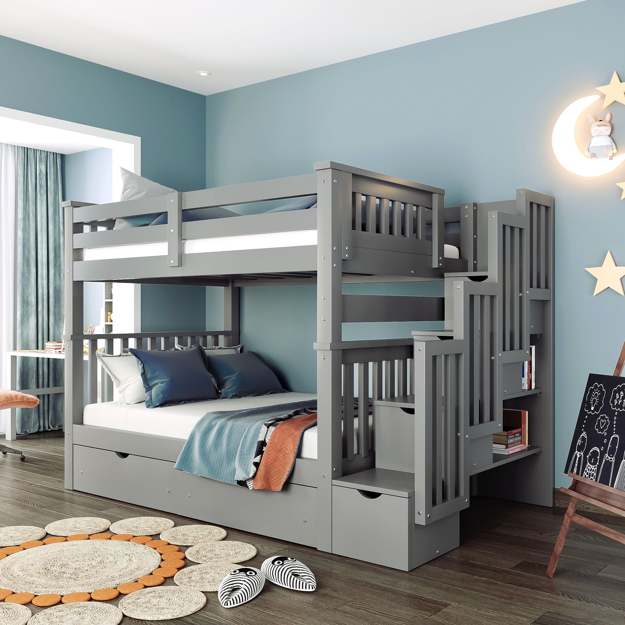 Bunk Bed With Shelves And 6 Storage Drawers