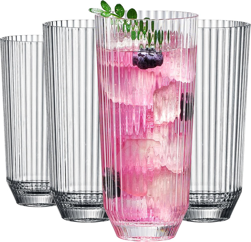 Khen Shatterproof Ribbed Drinking Glasses – Set of 4 Clear 12oz Tritan Tumblers, European Style Acrylic Drinkware – Durable, BPA-Free, Dishwasher Safe, Stackable & Unbreakable Plastic Cups