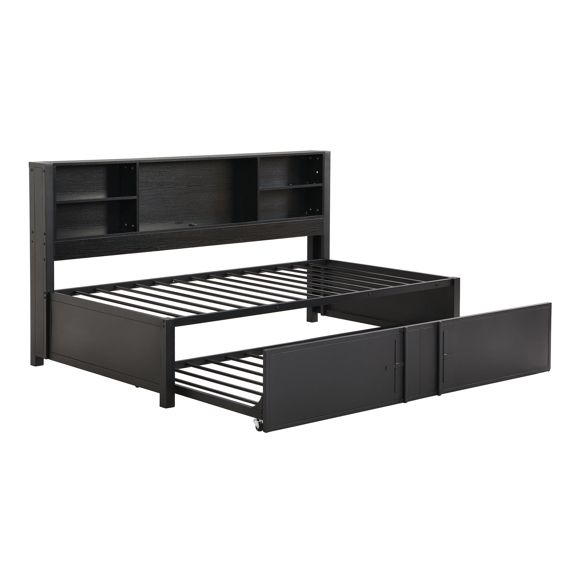 Industrial Metal Daybed With Trundle, Storage Shelves, USB Ports