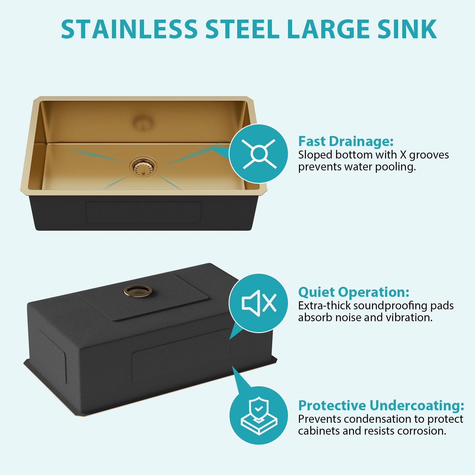 Gold Finish Undermount Stainless Steel Kitchen Sink 32" X 19" 16 Gauge Deep Single Bowl