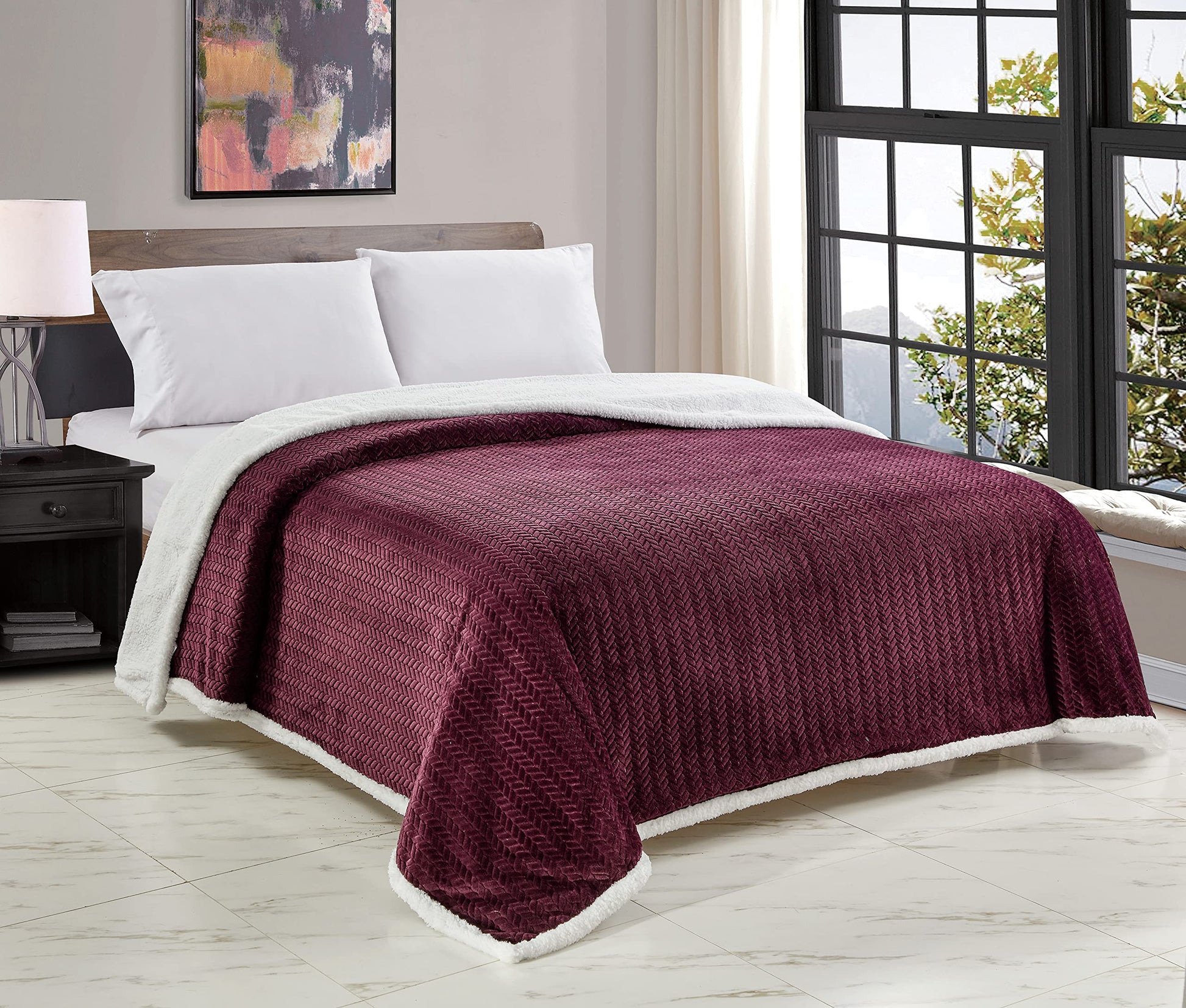 Decor&More HomeEssentials Extra Heavy and Plush Chevron Braided King Size Microplush Jacquard Blanket with Sherpa Backing (108" x 90") - Burgundy - Best Buy Furniture