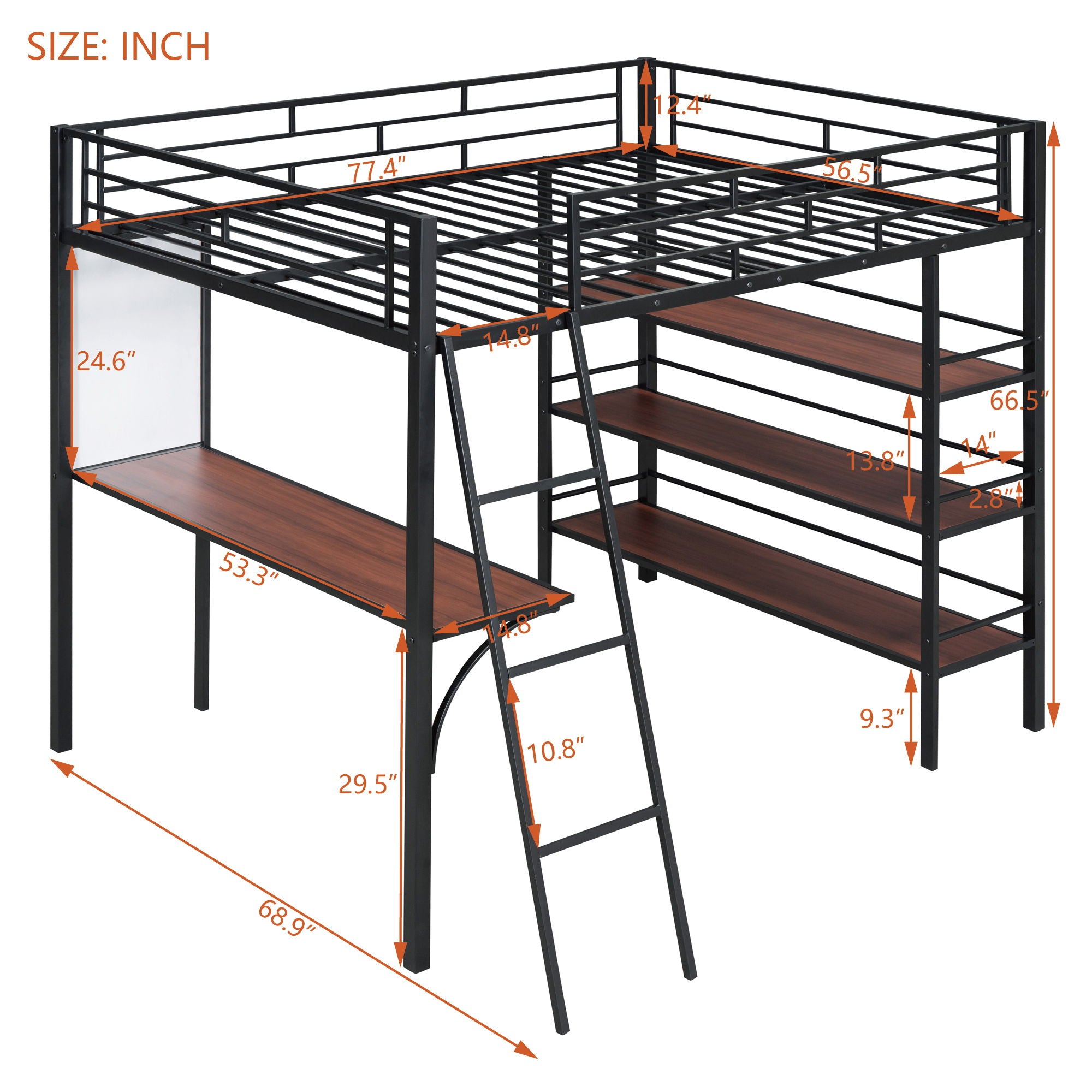 Bed With 3 Layers Of Shelves And Desk, Stylish Frame Bed