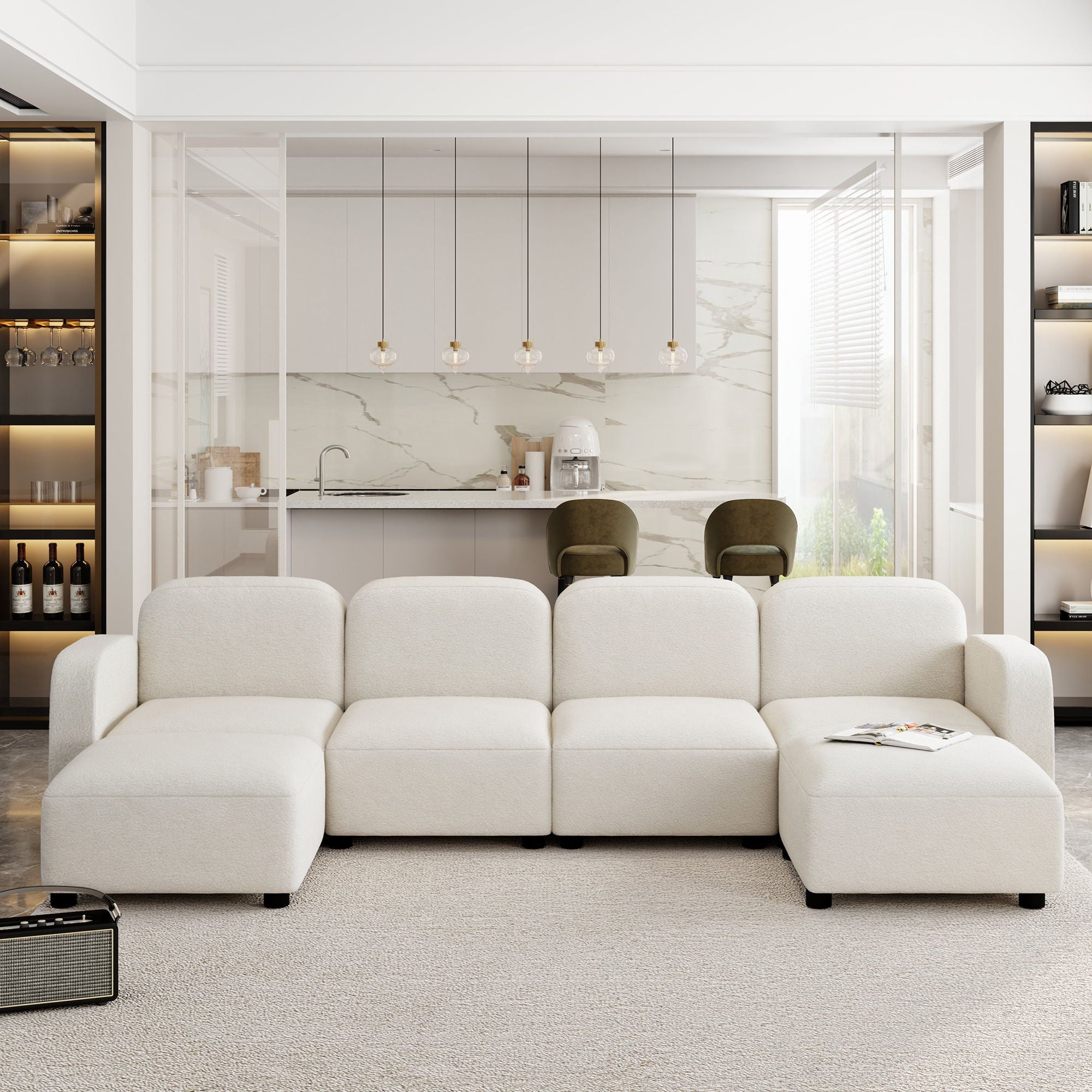 Velvet Modular Sectional Sofa, U Shaped Reversible Couch Set, Free Combination, 6 Seat Sleeper Cloud Sofa Bed With Ottoman, Convertible Oversized Indoor Furniture Pieces - Beige