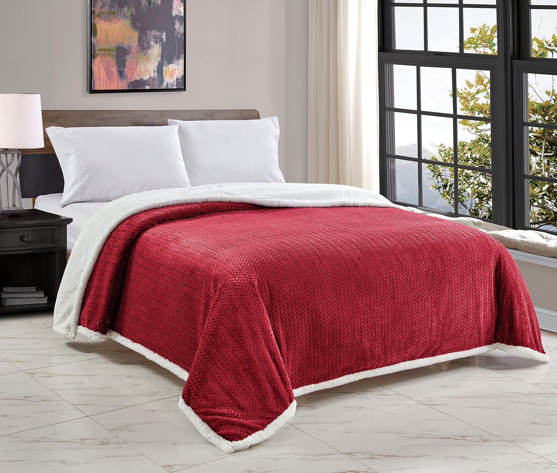 Decor&More HomeEssentials Extra Heavy and Plush Chevron Braided King Size Microplush Jacquard Blanket with Sherpa Backing (108" x 90") - Burgundy - Best Buy Furniture