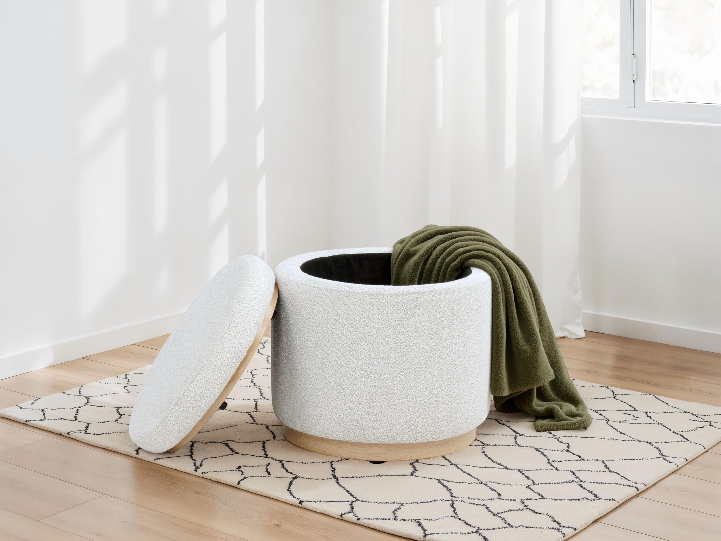 Remuda Boucle Upholstered Round Storage Ottoman Ivory-