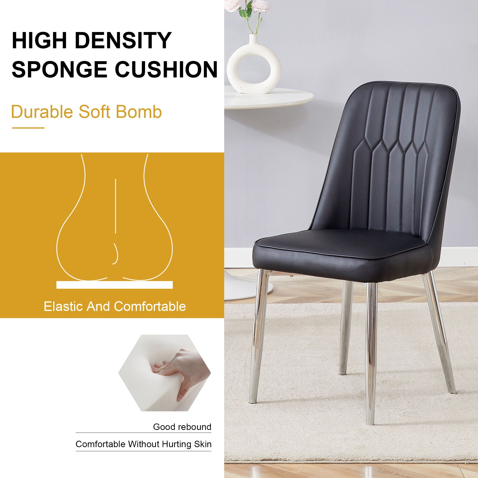 Modern Dining Chairs (Set of 4) With Backrest And Silver Metal Legs For Home And Office - Black