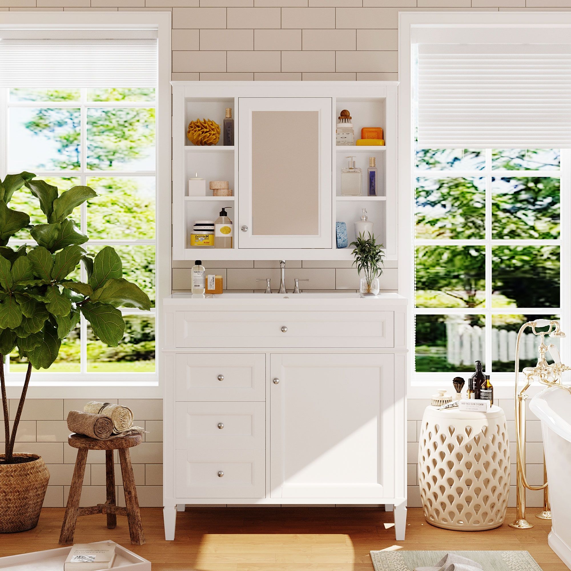 Bathroom Vanity With Mirror Cabinet, Storage Cabinet With 2 Soft Closing Doors And 4 Drawers, Undermount Sink