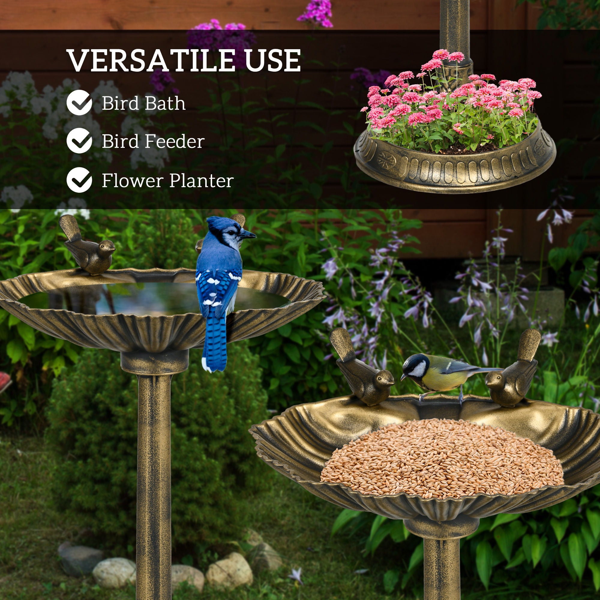Outsunny - Antique Bird Bath With Pedestal Flower Planter Base, Vintage Style Decorative Birdbath, Bird Feeder Bowl & Planter Decoration Yard Statue - Bronze