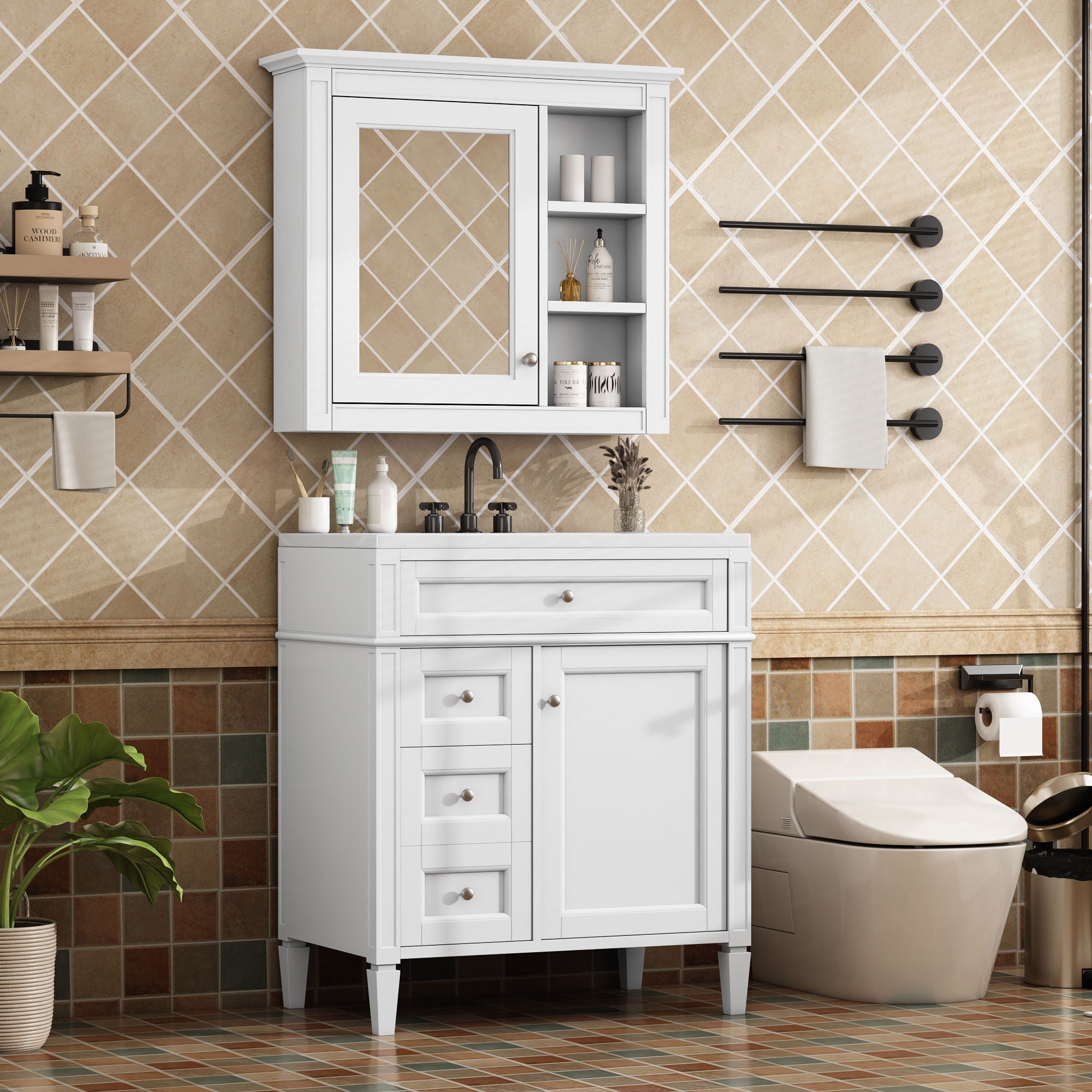 Bathroom Vanity With Medicine Cabinet, Royal Blue Mirror Cabinet, Modern Bathroom Storage Cabinet With 2 Soft Closing Doors And 4 Drawers